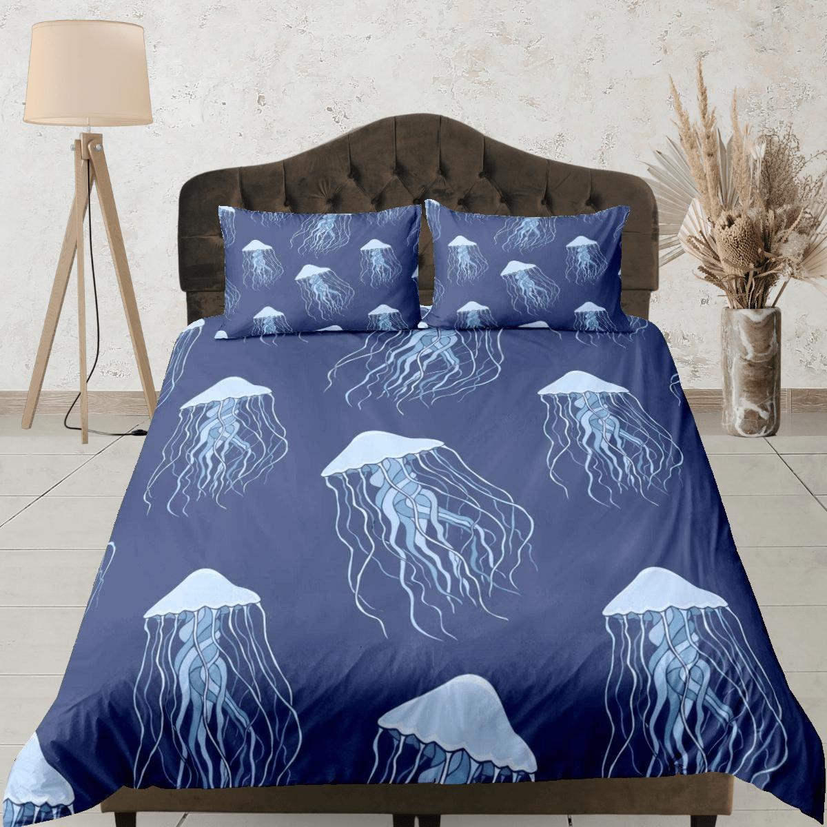 daintyduvet Jellyfish bedding denim blue duvet cover, ocean blush sea animal bedding set full king queen twin crib toddler, college dorm bedding gift