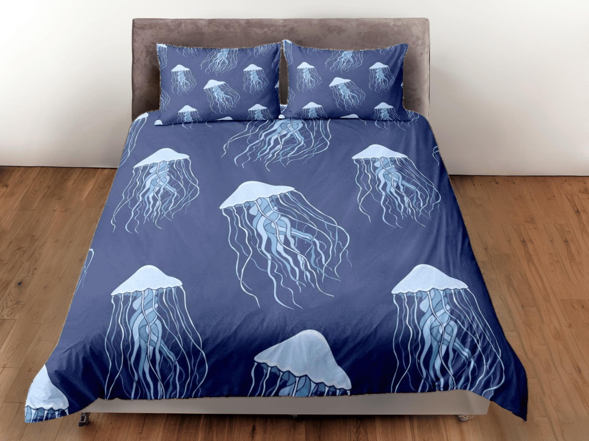 daintyduvet Jellyfish bedding denim blue duvet cover, ocean blush sea animal bedding set full king queen twin crib toddler, college dorm bedding gift