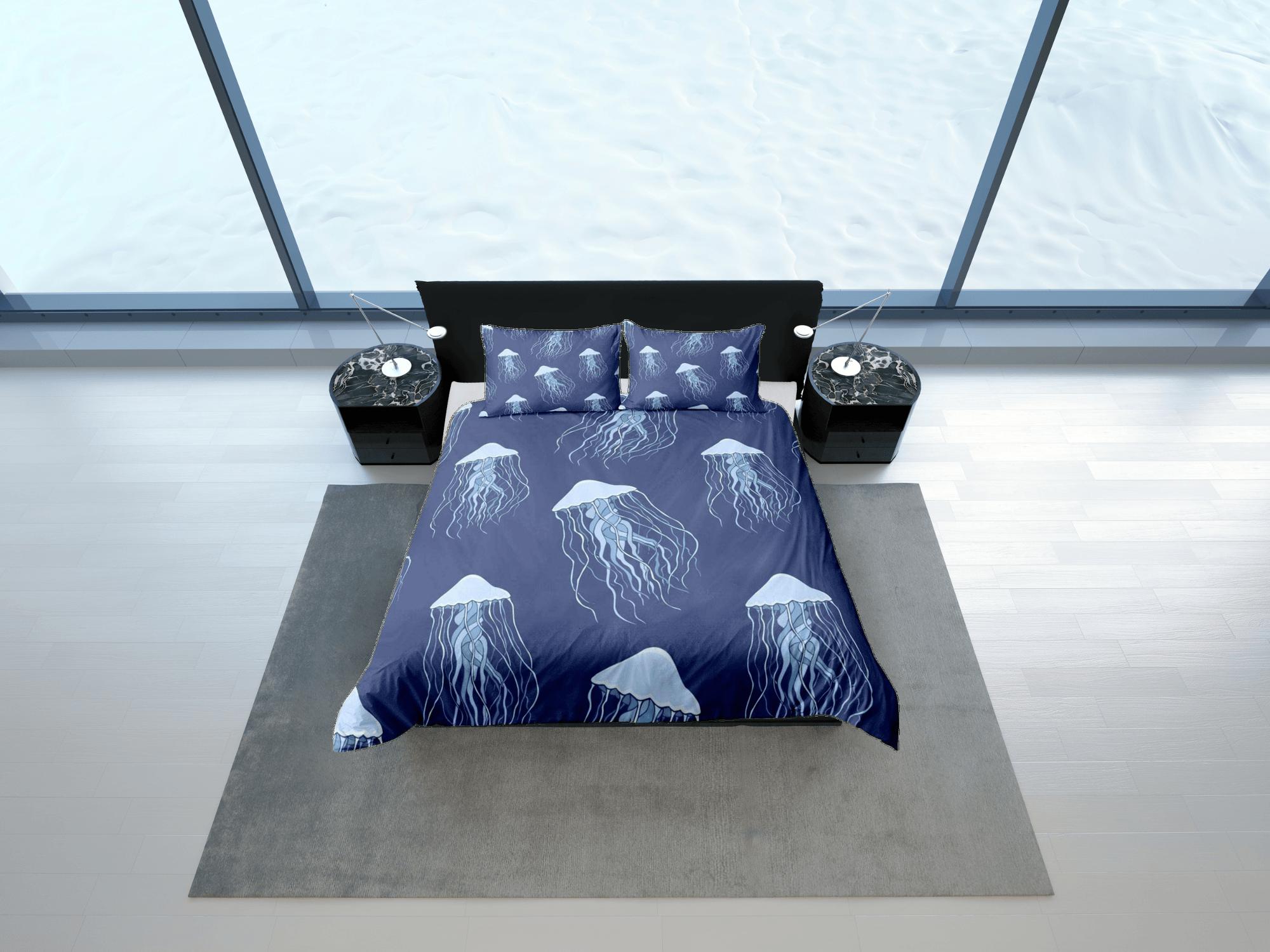 daintyduvet Jellyfish bedding denim blue duvet cover, ocean blush sea animal bedding set full king queen twin crib toddler, college dorm bedding gift