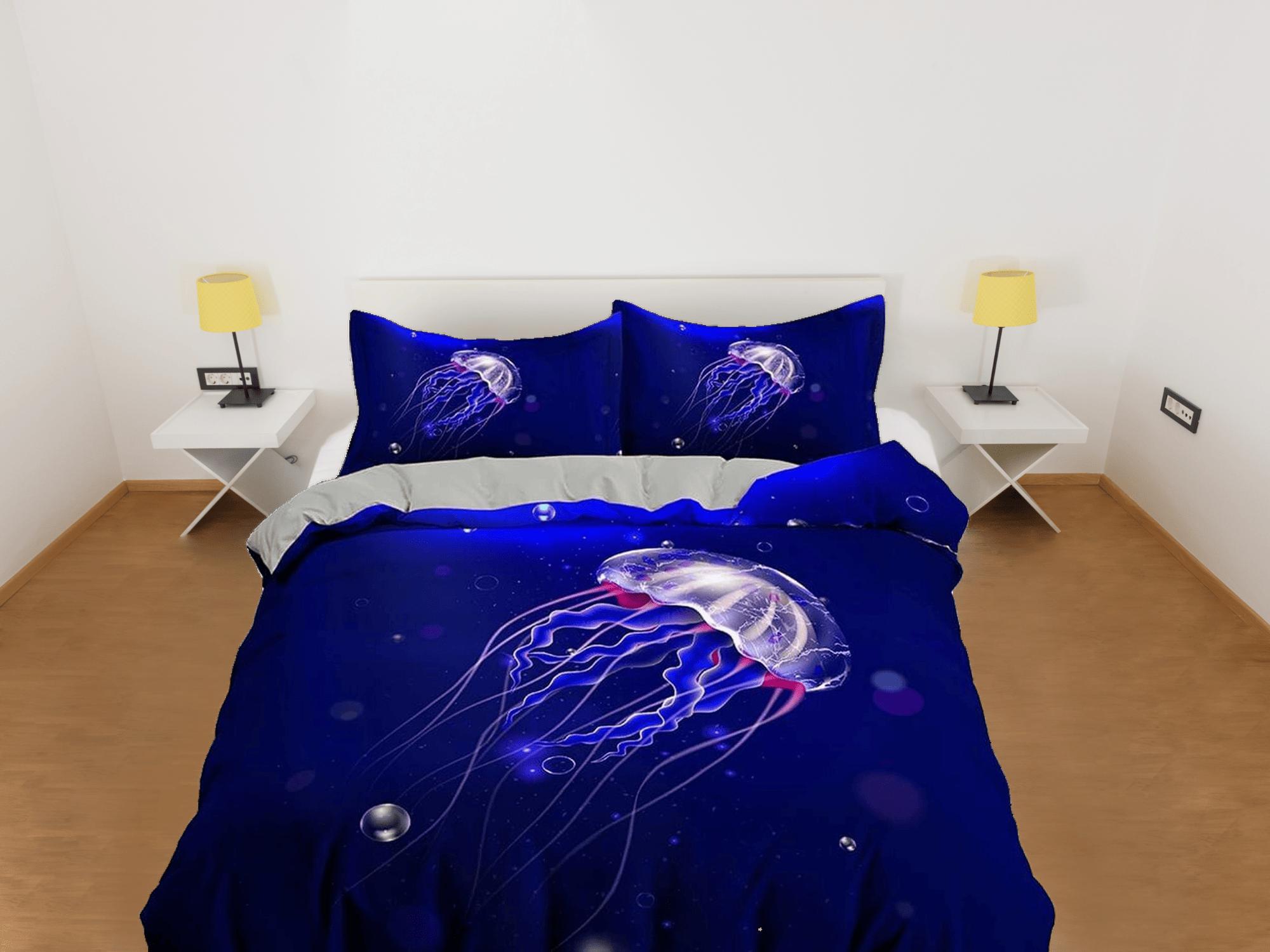 daintyduvet Jellyfish bedding indigo duvet cover, ocean blush sea animal bedding set full king queen twin crib toddler, college dorm bedding gift