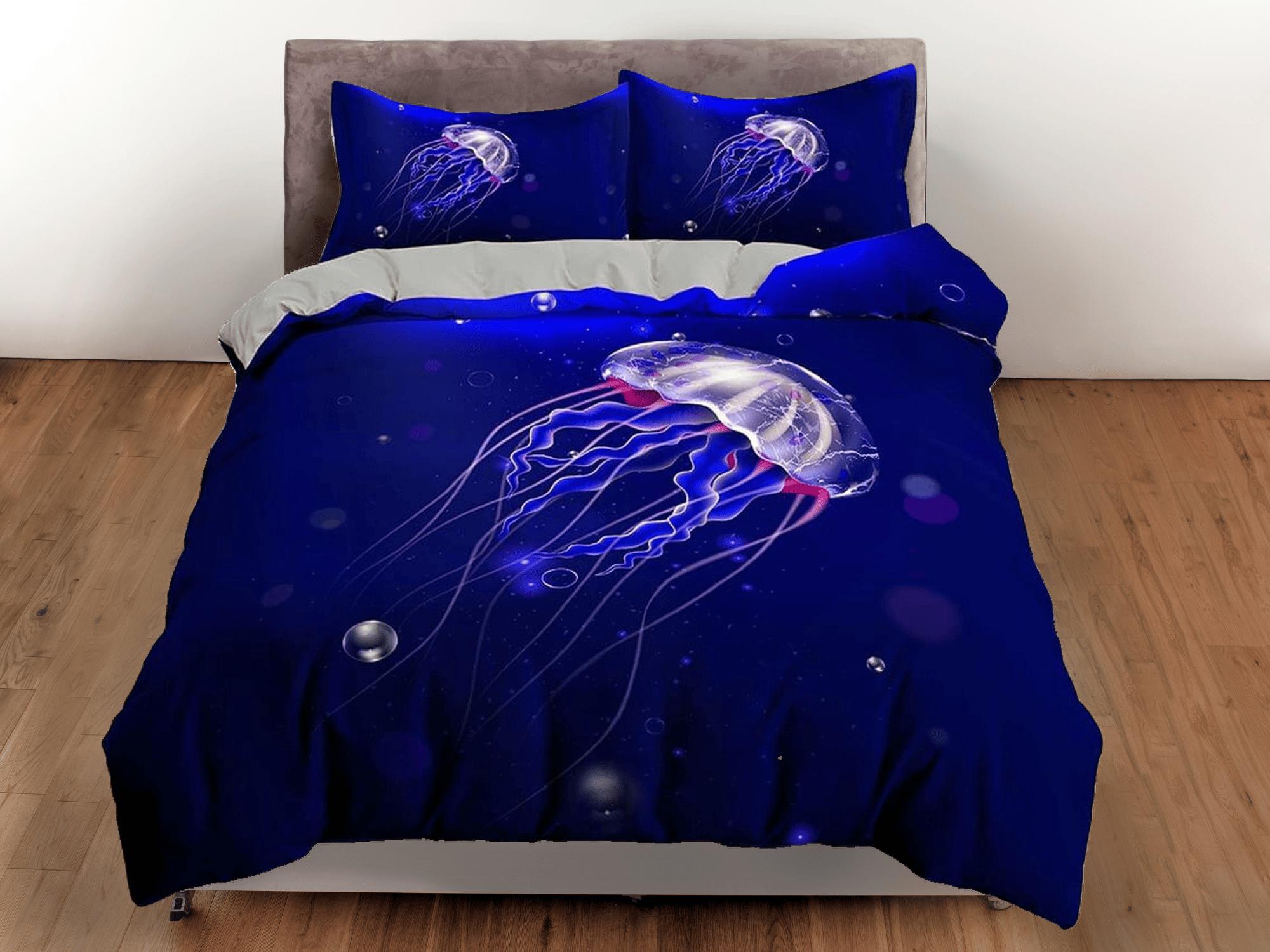 daintyduvet Jellyfish bedding indigo duvet cover, ocean blush sea animal bedding set full king queen twin crib toddler, college dorm bedding gift