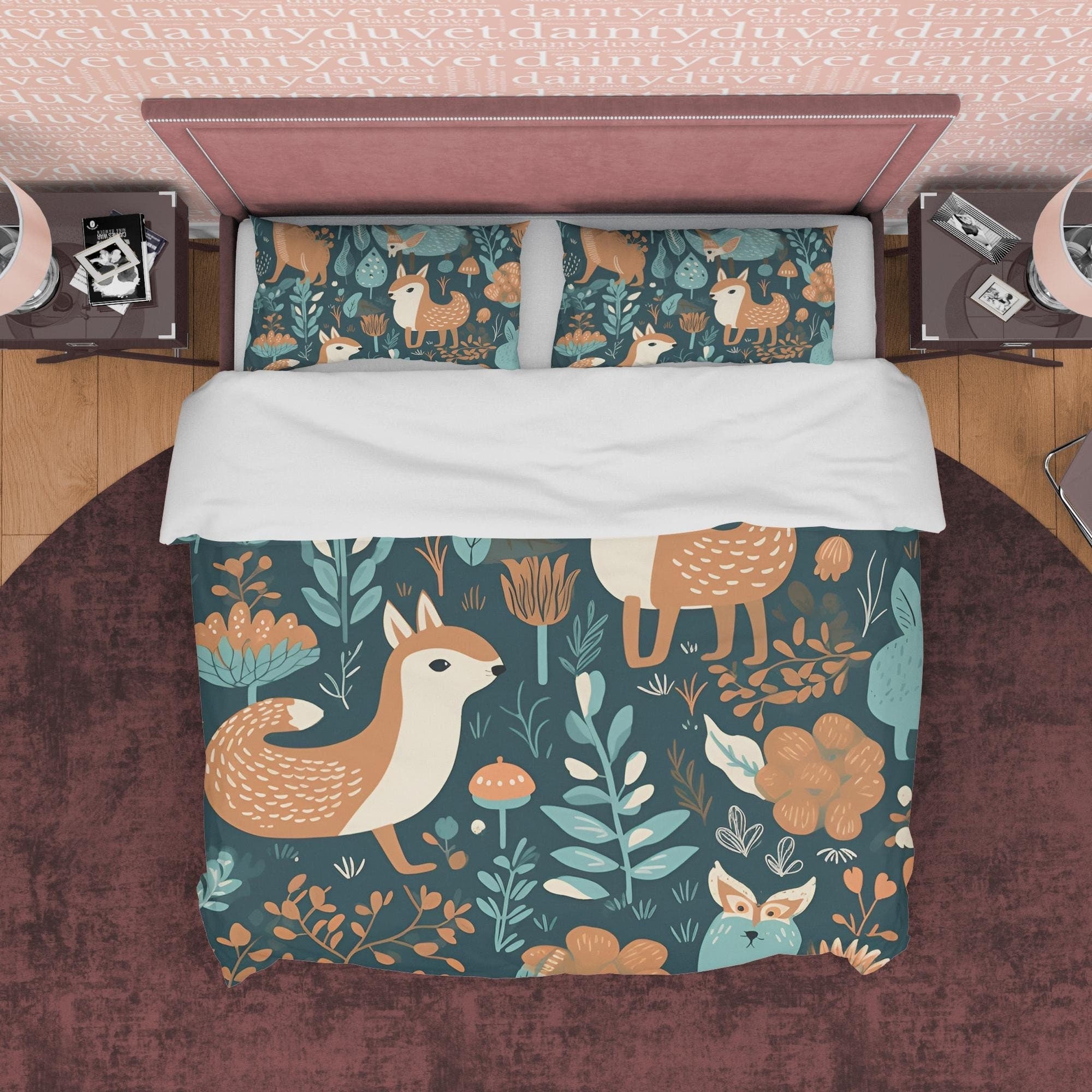 Jungle Retro Bedding Set, Deer Duvet Cover, Forest Quilt Cover, Plant Retirement Bedspread, Green Unique Bed Cover, Zipper Bedding