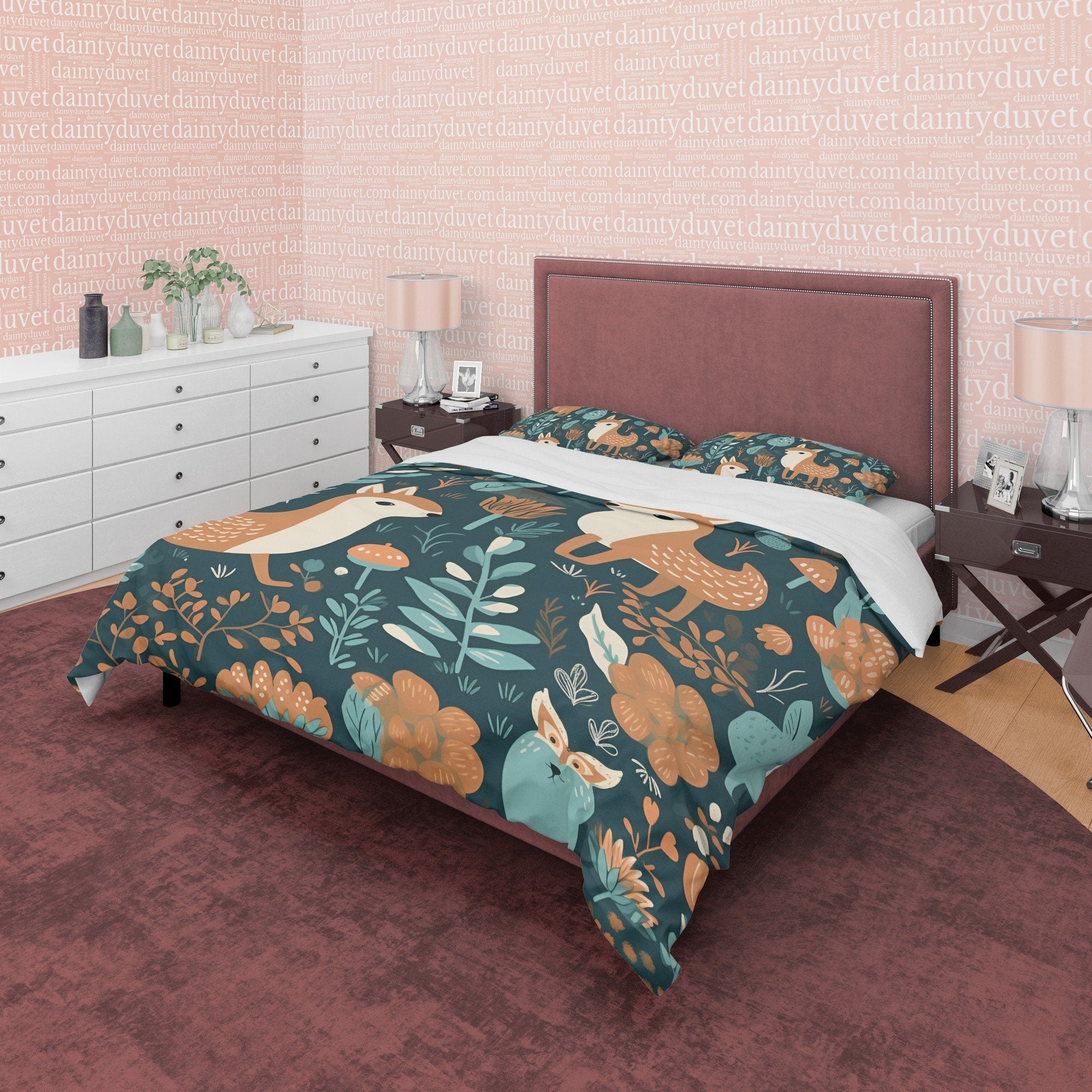 Jungle Retro Bedding Set, Deer Duvet Cover, Forest Quilt Cover, Plant Retirement Bedspread, Green Unique Bed Cover, Zipper Bedding