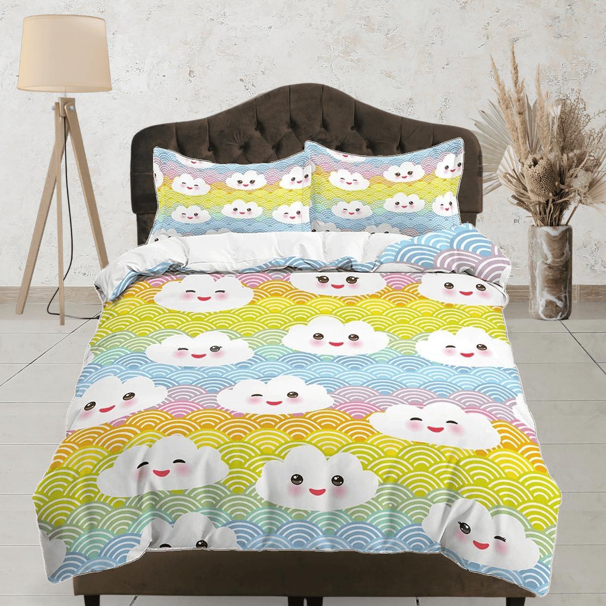 Kawaii Cute Smiling Clouds Colorful Bedding, Duvet Cover Set, Zipper B