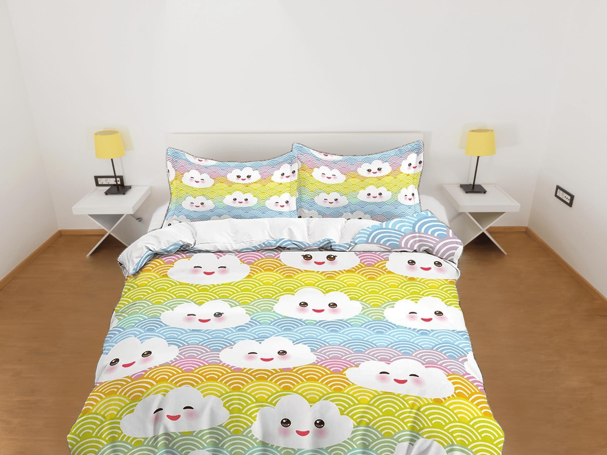 daintyduvet Kawaii Cute Smiling Clouds Colorful Bedding, Duvet Cover Set, Zipper Bedding, Dorm Bedding, Teens Adult Duvet King Queen Full Twin Single