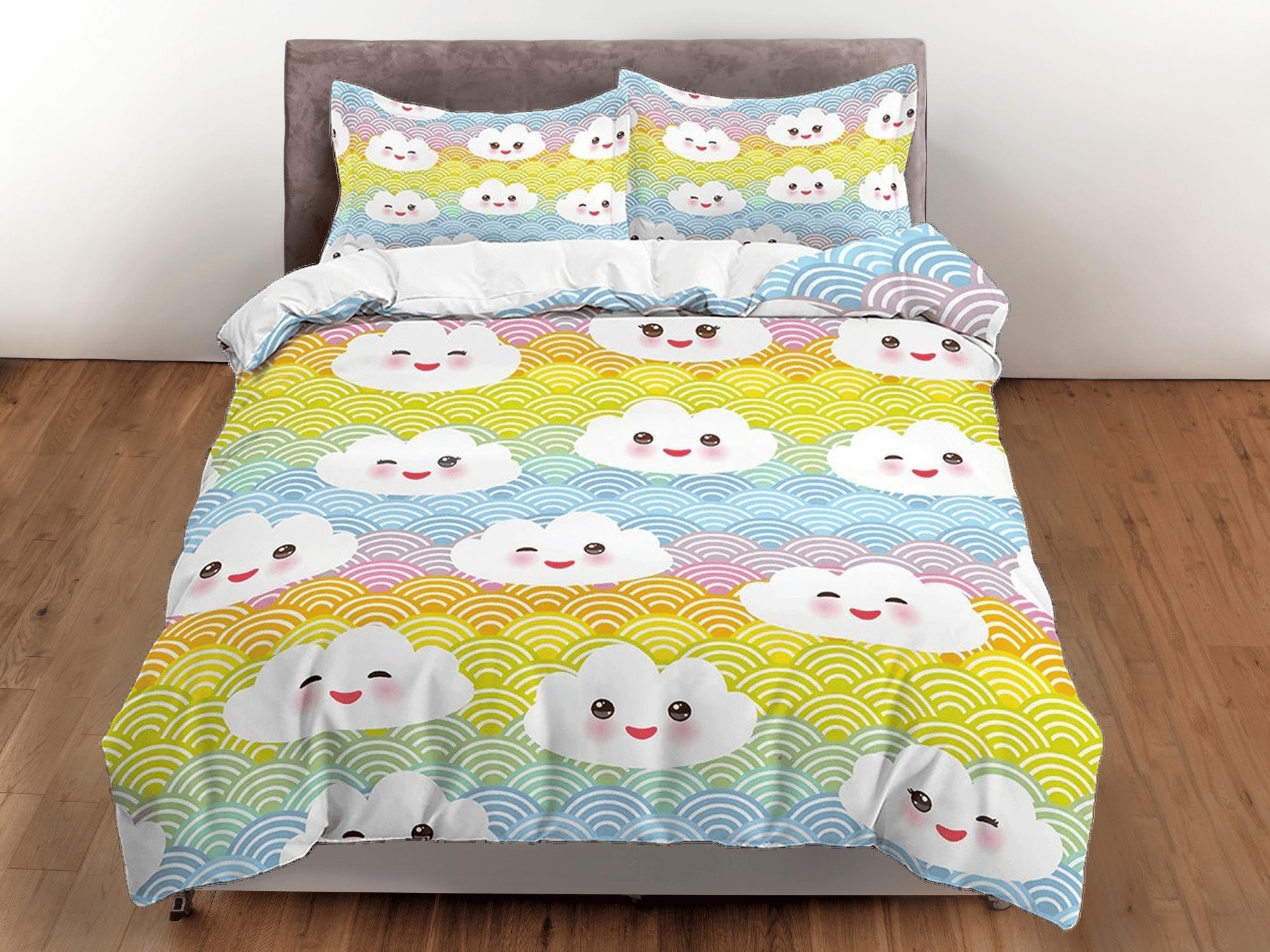 daintyduvet Kawaii Cute Smiling Clouds Colorful Bedding, Duvet Cover Set, Zipper Bedding, Dorm Bedding, Teens Adult Duvet King Queen Full Twin Single