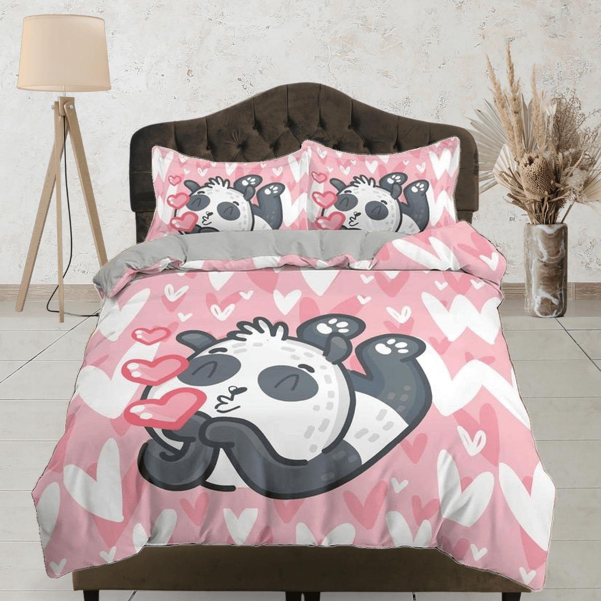 daintyduvet Kiss panda pink duvet cover kids, bedding set full, king, queen, dorm bedding, toddler bedding, aesthetic bedspread, panda lovers gift