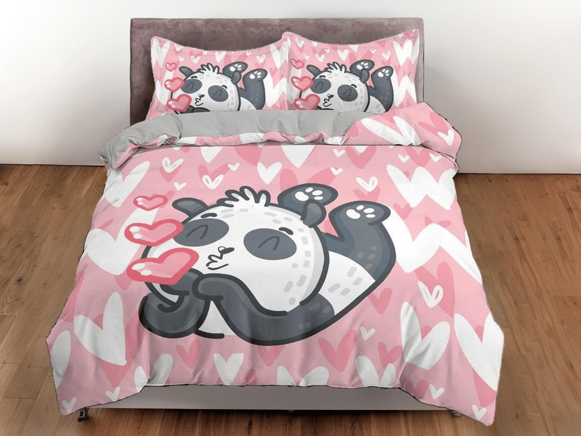 daintyduvet Kiss panda pink duvet cover kids, bedding set full, king, queen, dorm bedding, toddler bedding, aesthetic bedspread, panda lovers gift