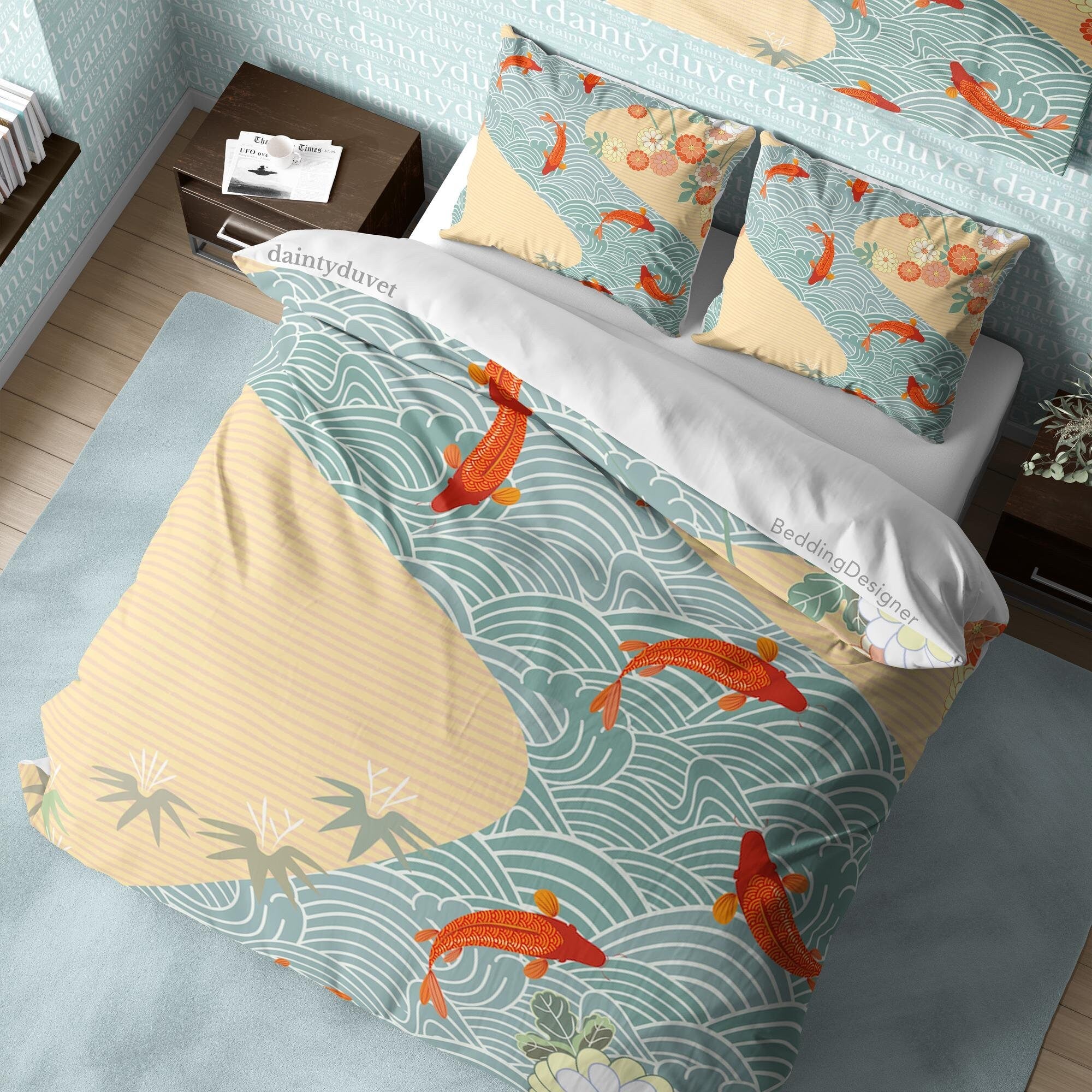 Koi Fish Duvet Cover Japanese Bedding Set, Oriental Pattern Quilt Cove