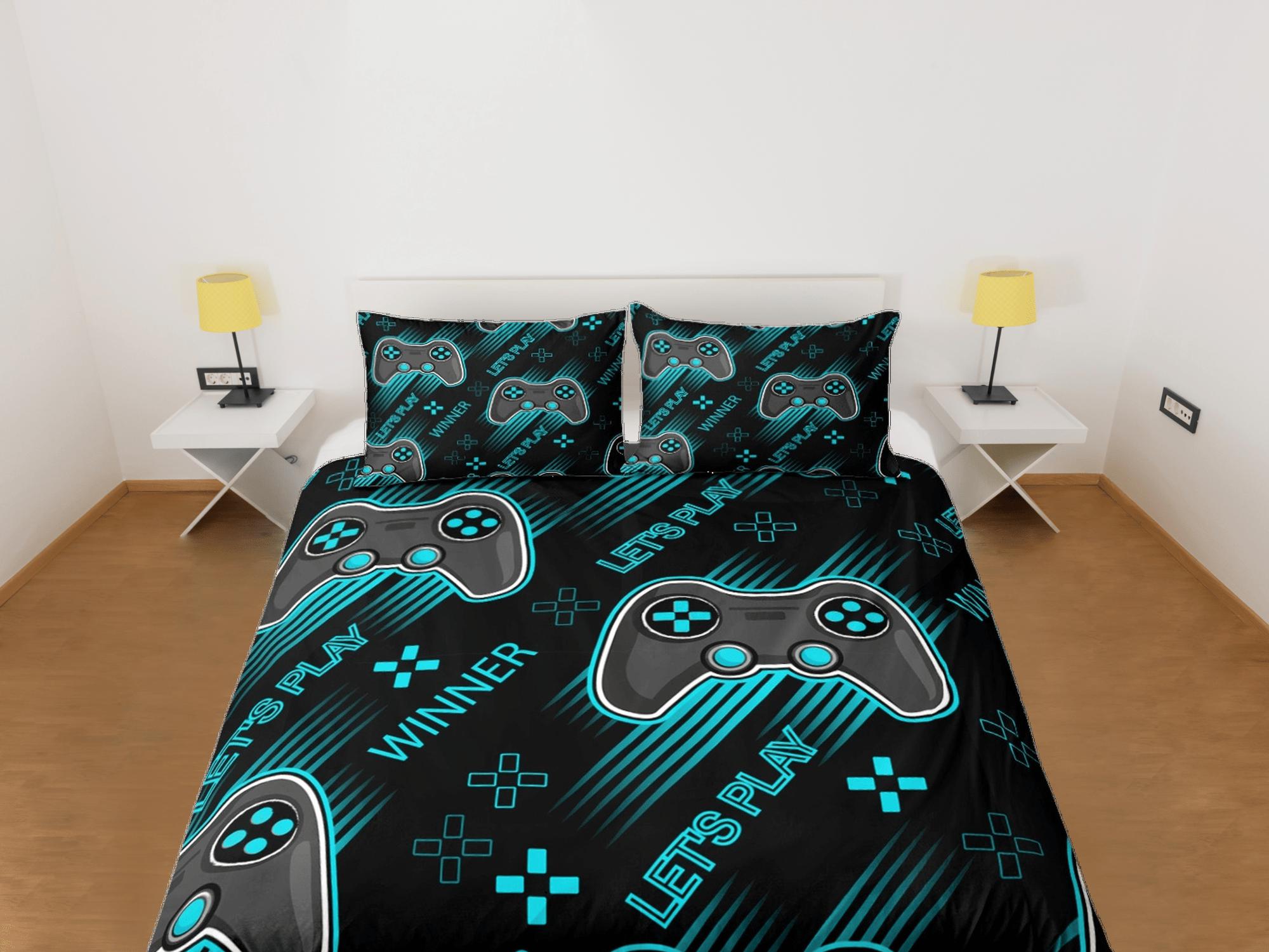 daintyduvet Lets play cool gamer bedding cyan black duvet cover, video gamer boyfriend gift bedding set full king queen twin, boys bedroom, dorm bedding