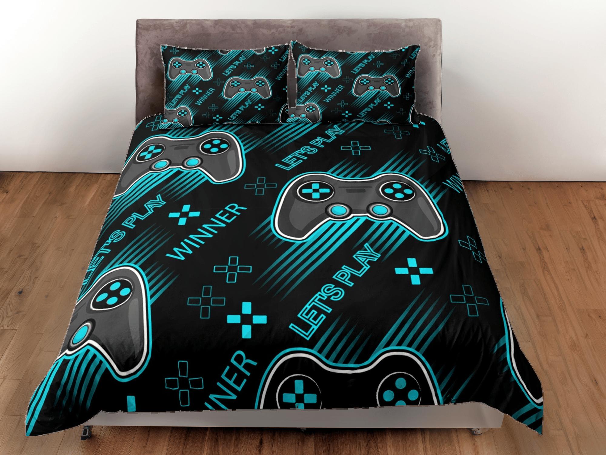 daintyduvet Lets play cool gamer bedding cyan black duvet cover, video gamer boyfriend gift bedding set full king queen twin, boys bedroom, dorm bedding