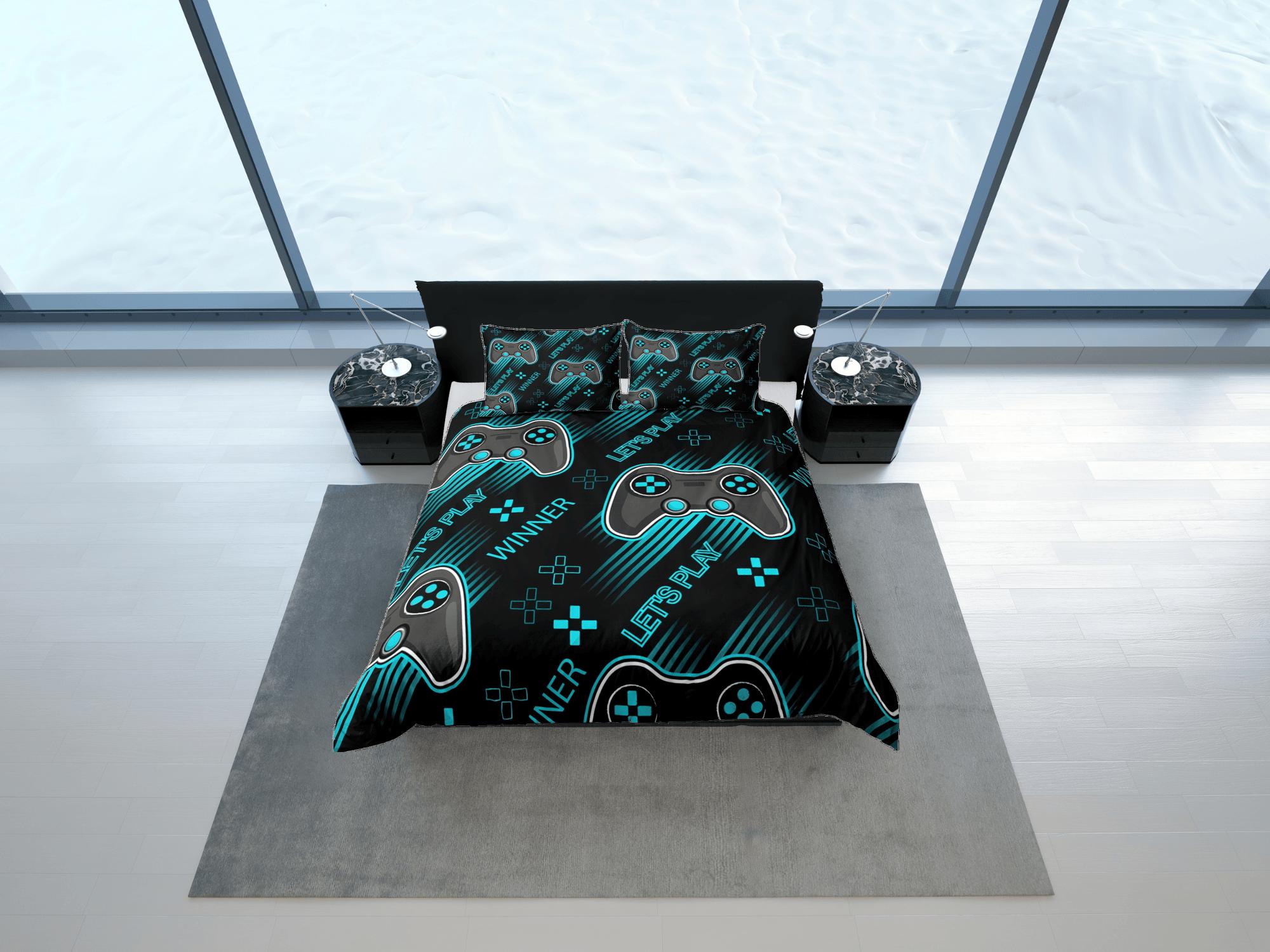 daintyduvet Lets play cool gamer bedding cyan black duvet cover, video gamer boyfriend gift bedding set full king queen twin, boys bedroom, dorm bedding