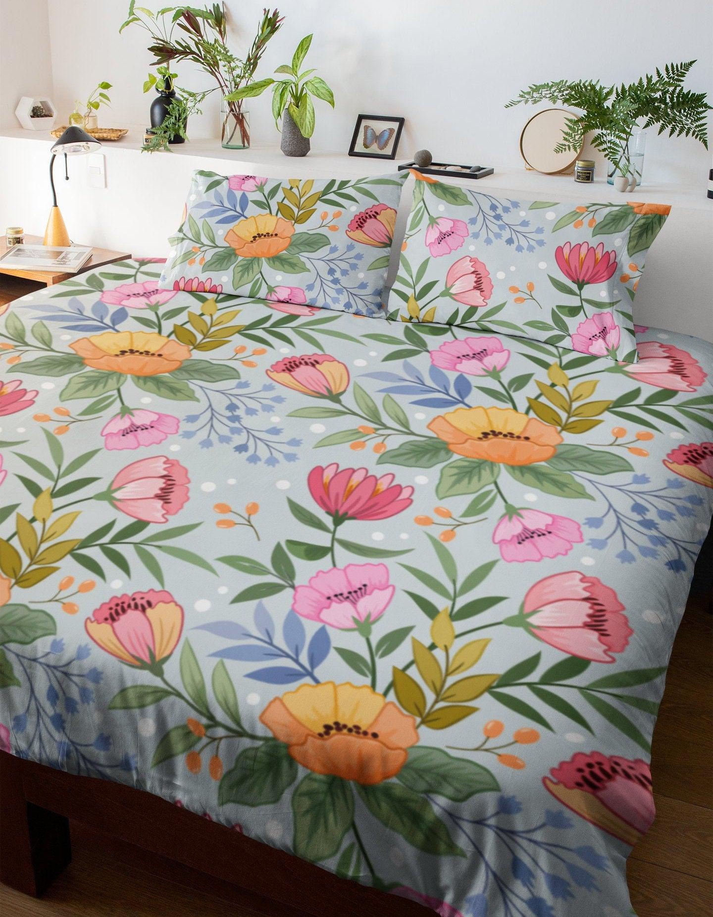 daintyduvet Light Blue Duvet Cover with Anemone Bulbs Garden Design | Floral Bedding Set and Pillow Case | Cover for Comforter & Weighted Blanket