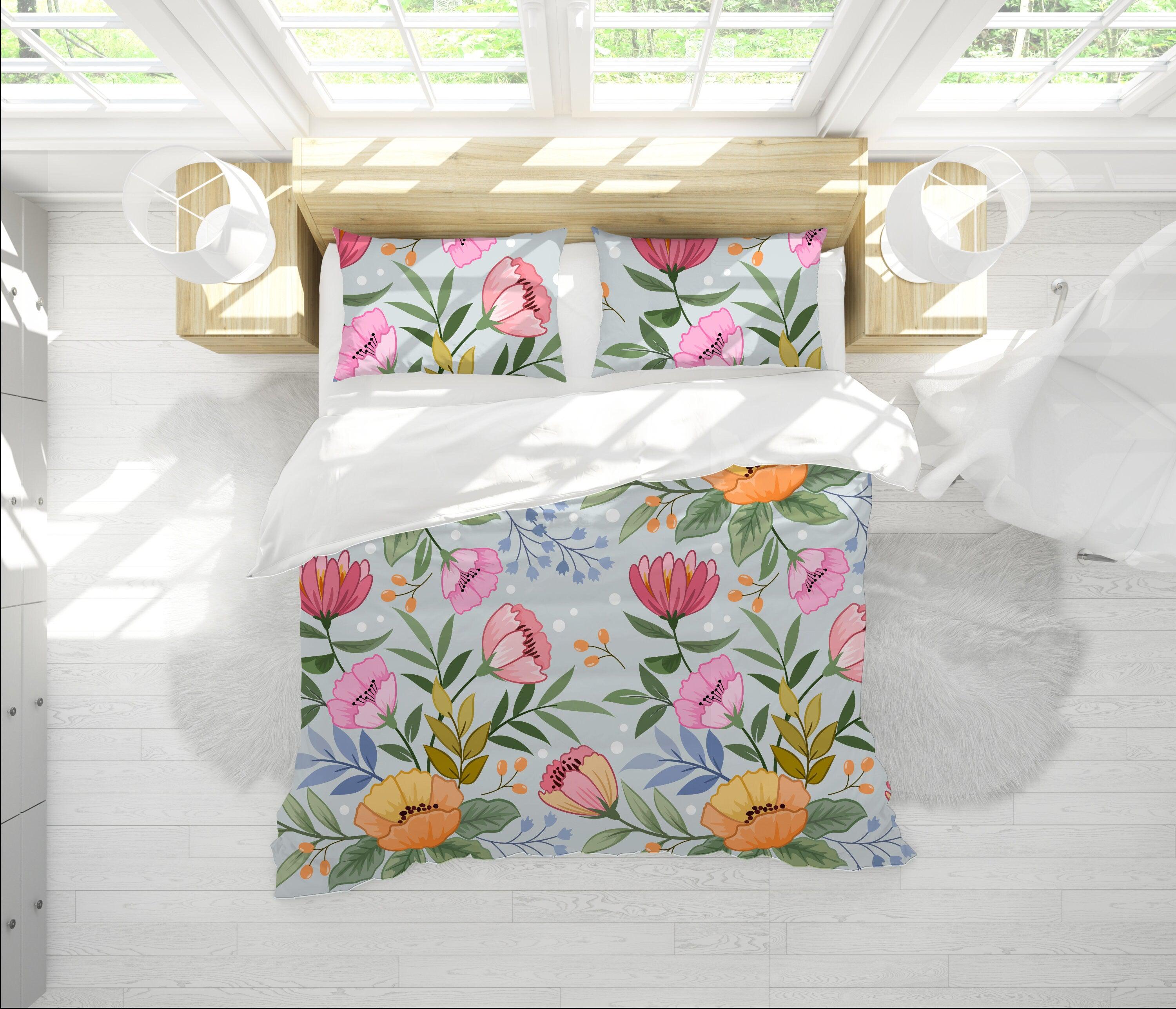 daintyduvet Light Blue Duvet Cover with Anemone Bulbs Garden Design | Floral Bedding Set and Pillow Case | Cover for Comforter & Weighted Blanket