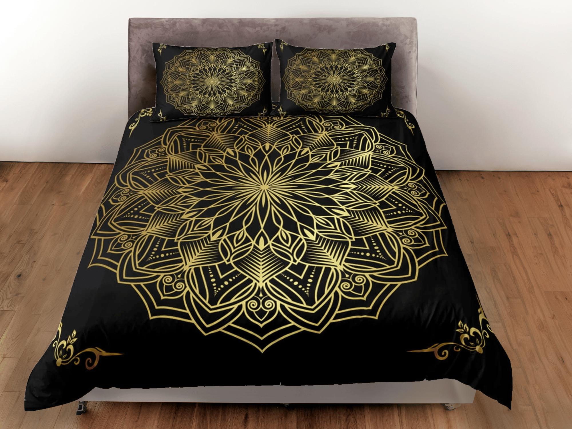 daintyduvet Line art golden mandala black duvet cover boho bedding set full, queen, king, dorm bedding, aesthetic room indian bedspread maximalist decor