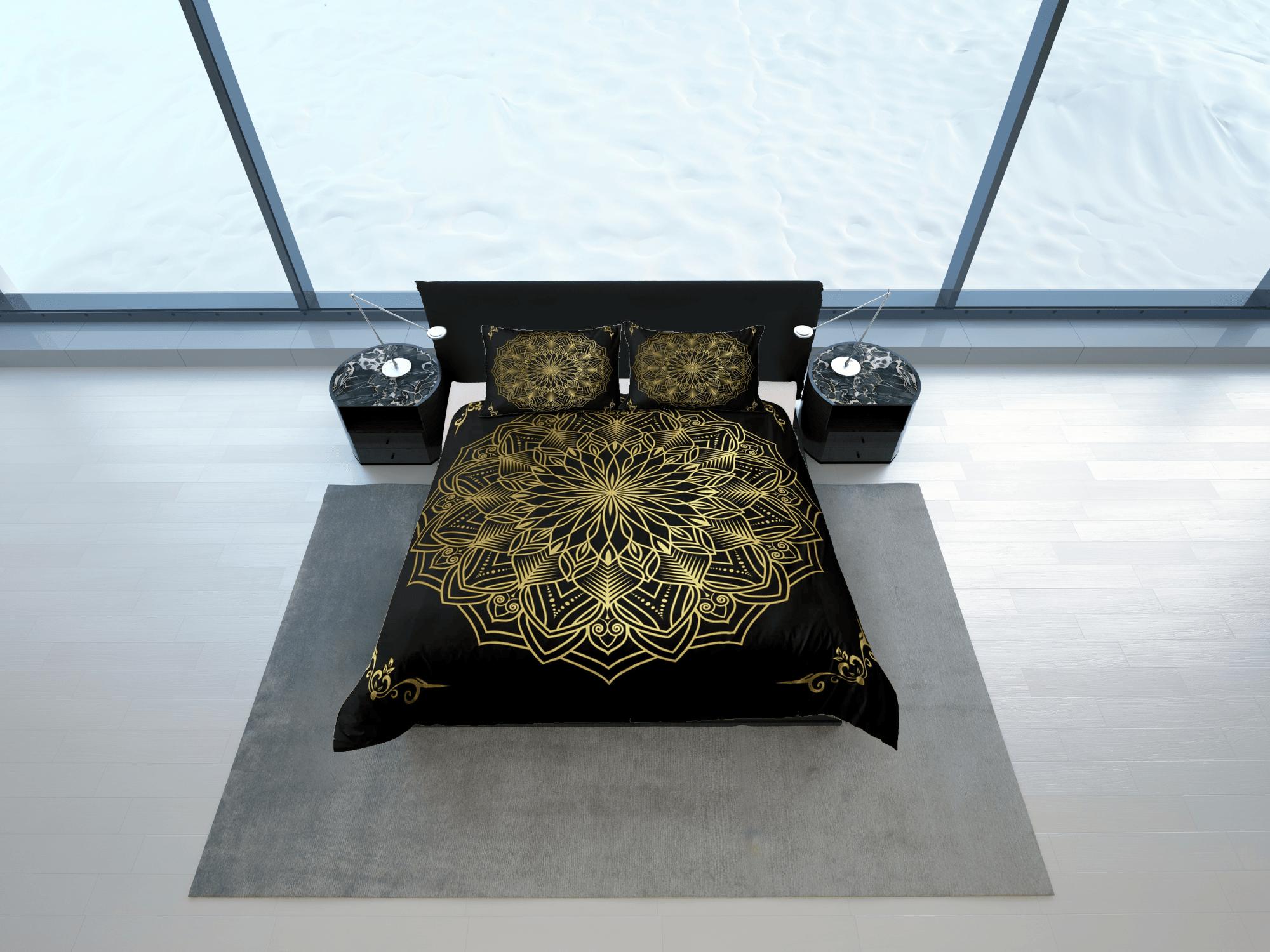 daintyduvet Line art golden mandala black duvet cover boho bedding set full, queen, king, dorm bedding, aesthetic room indian bedspread maximalist decor