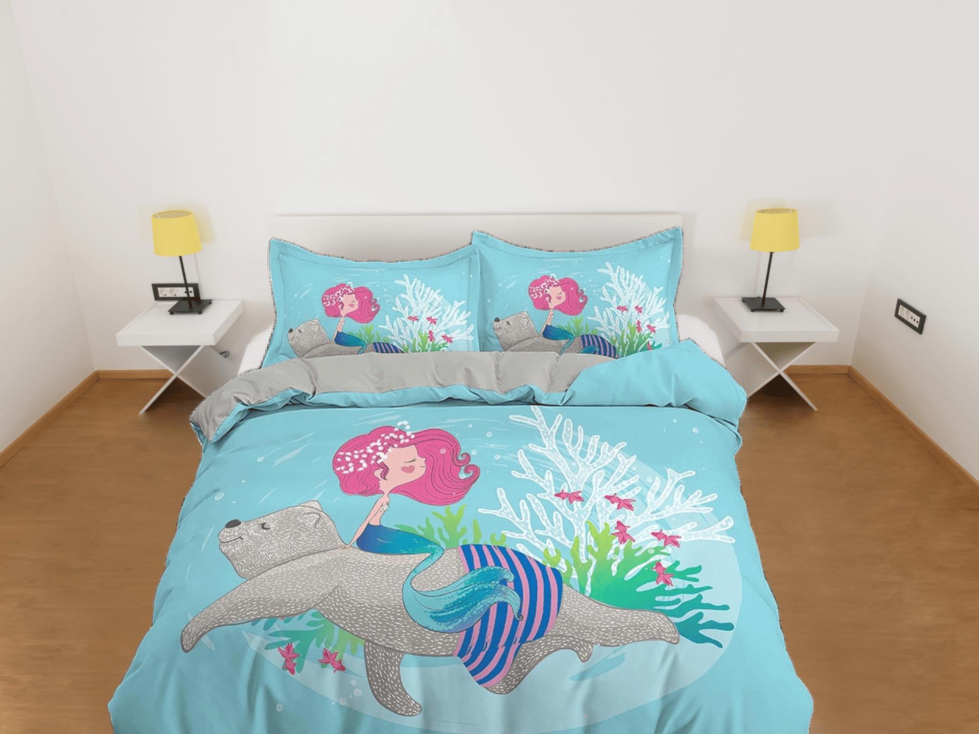 daintyduvet Little mermaid and grizzly bear, toddler bedding, unique duvet cover, crib bedding & pillowcase, baby zipper bedding, king queen full twin