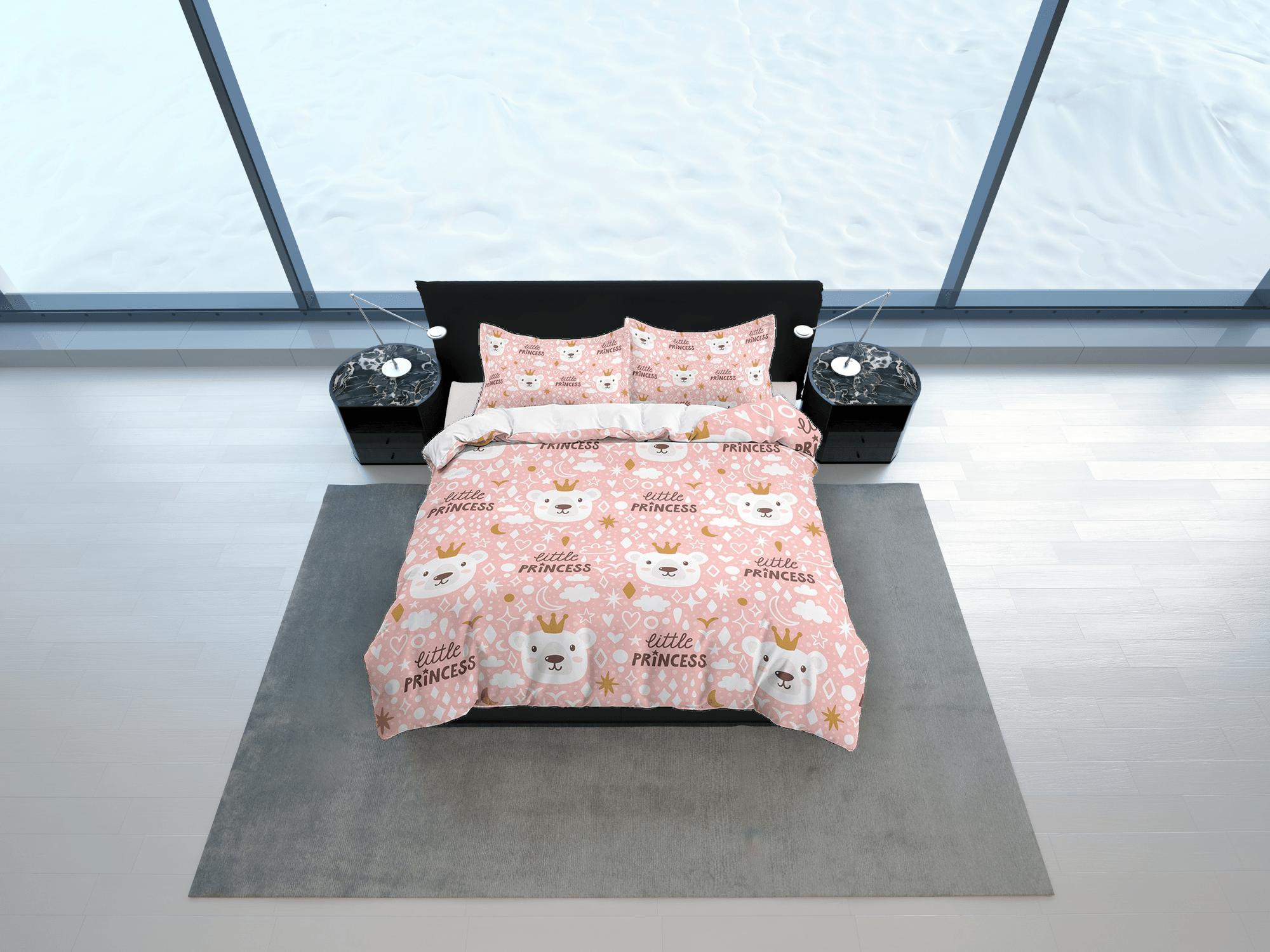 daintyduvet Little princess and cute polar bear, pink toddler bedding, duvet cover nursery kids, crib bedding, baby zipper bedding, king queen full twin