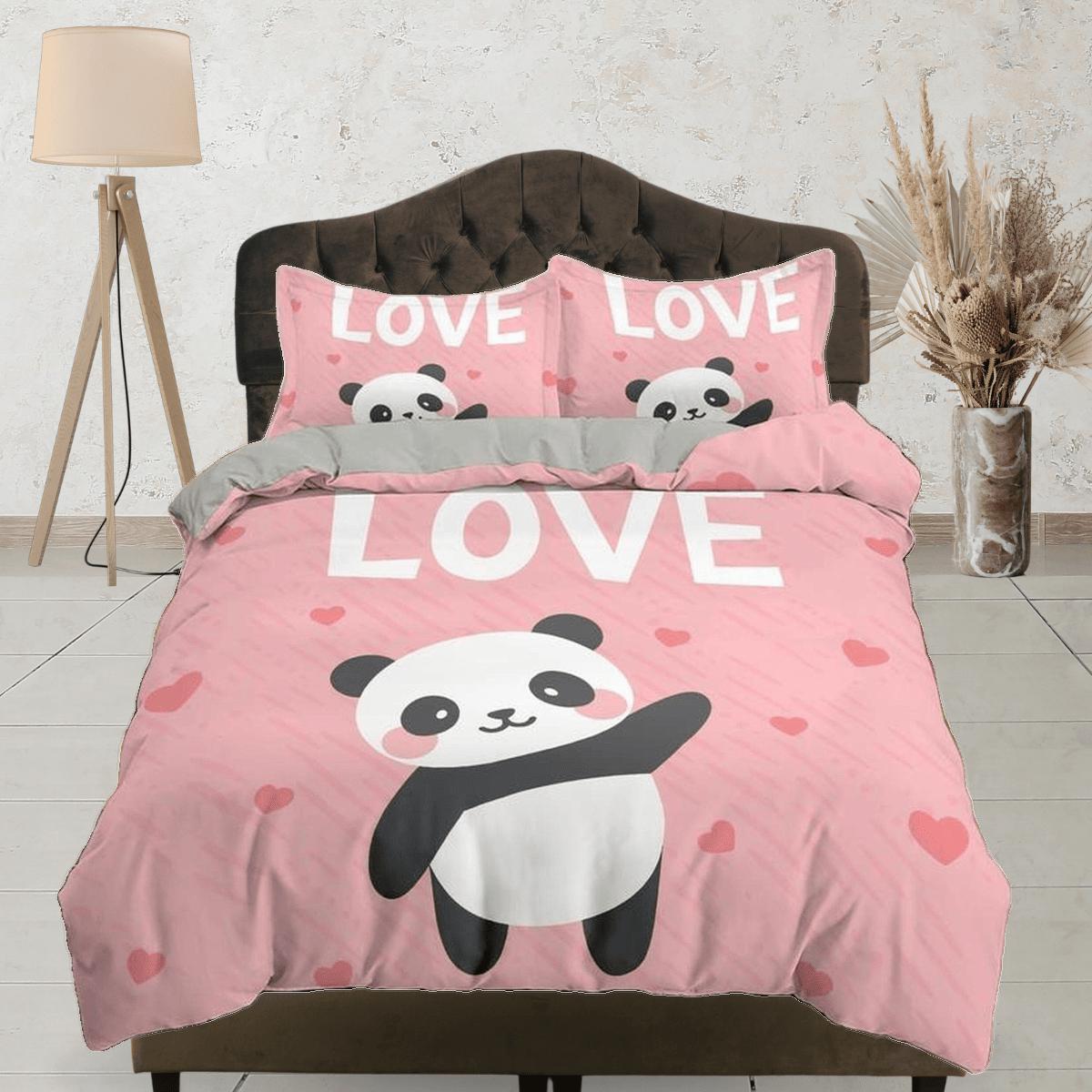 daintyduvet Love panda pink duvet cover set for kids, bedding set full, king, queen, dorm bedding, toddler bedding aesthetic panda lovers gift