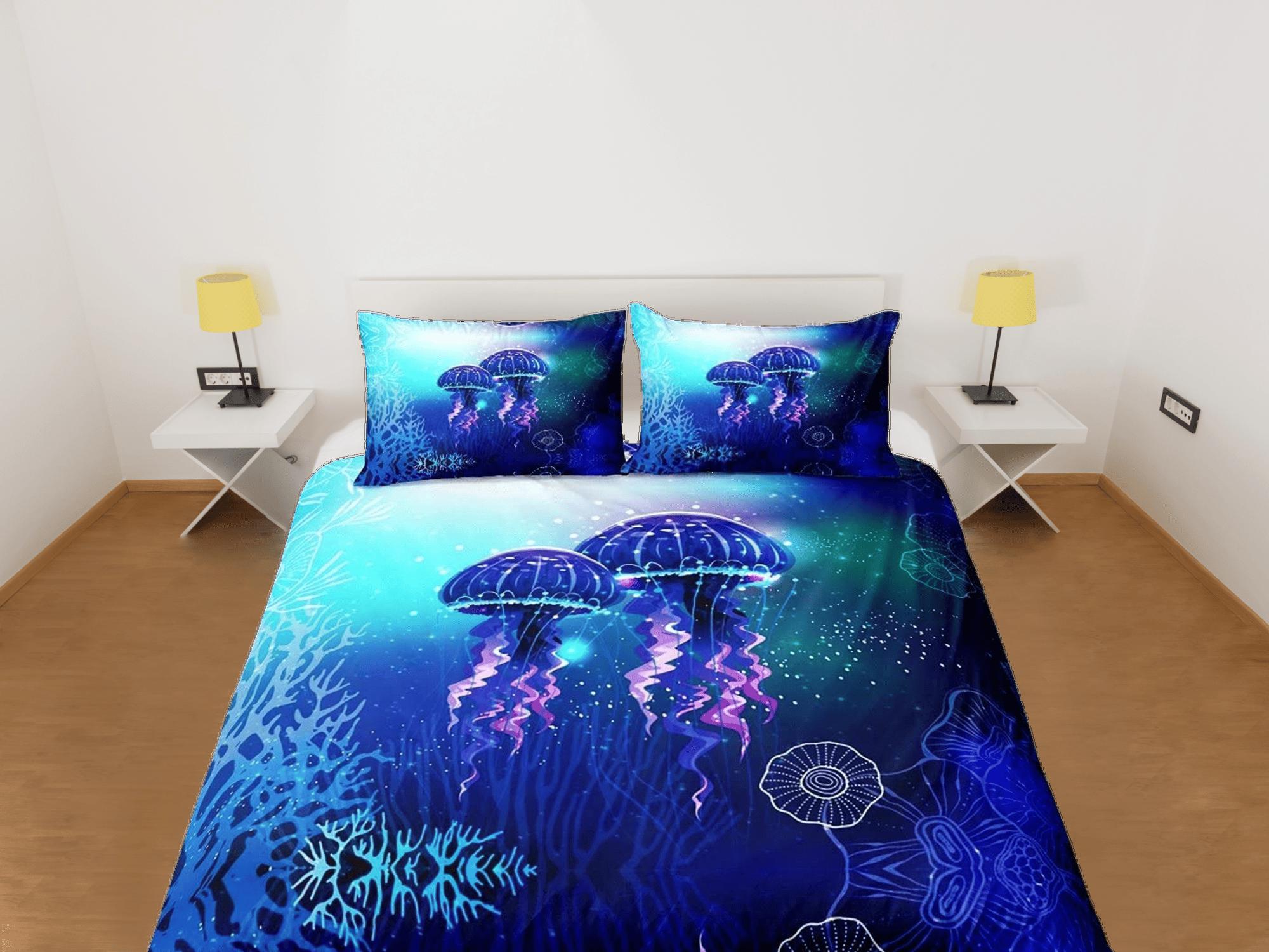 daintyduvet Lover jellyfish bedding blue duvet cover, ocean blush sea animal bedding set full king queen twin crib toddler, college dorm bedding gift