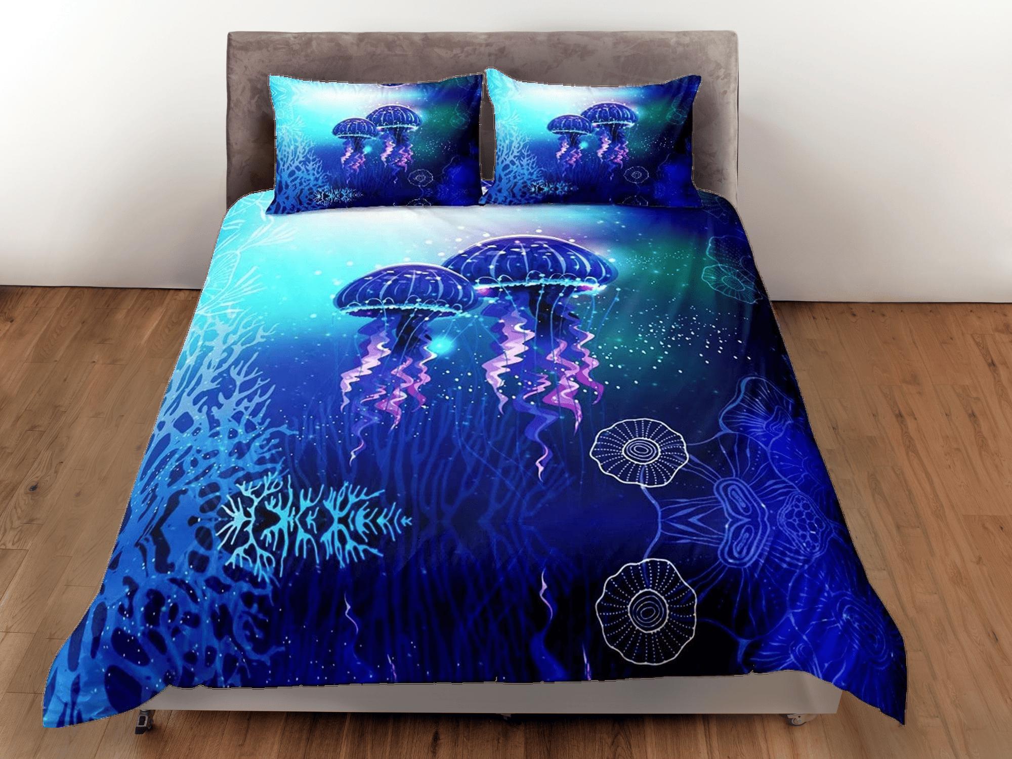 daintyduvet Lover jellyfish bedding blue duvet cover, ocean blush sea animal bedding set full king queen twin crib toddler, college dorm bedding gift