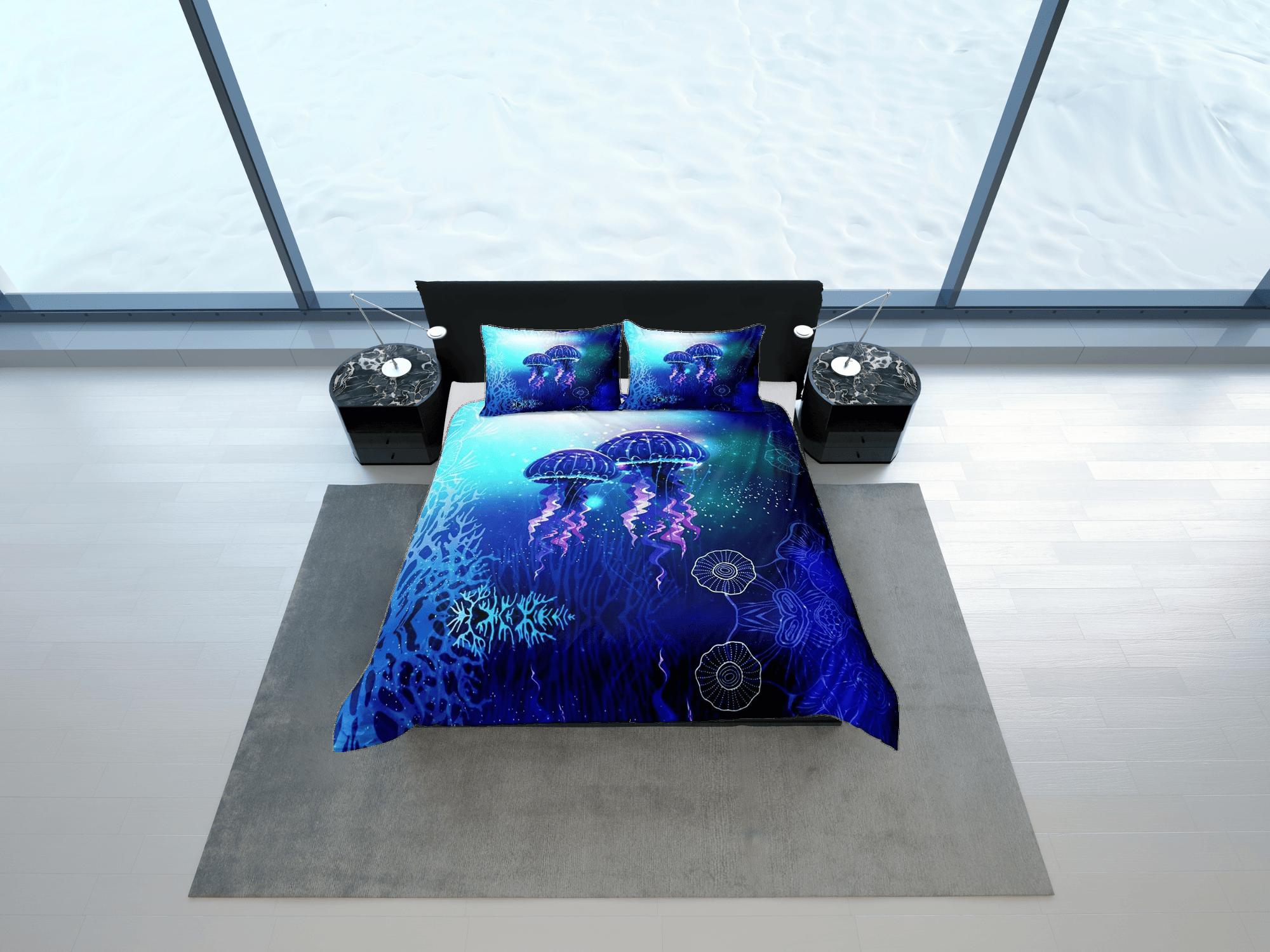 daintyduvet Lover jellyfish bedding blue duvet cover, ocean blush sea animal bedding set full king queen twin crib toddler, college dorm bedding gift