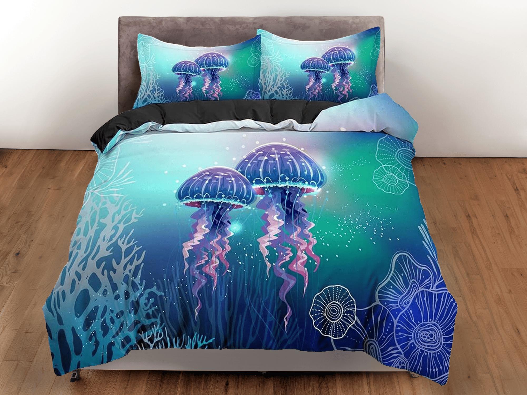 daintyduvet Lover jellyfish bedding blue green duvet cover, ocean blush sea animal bedding set full king queen twin crib toddler, college dorm bedding