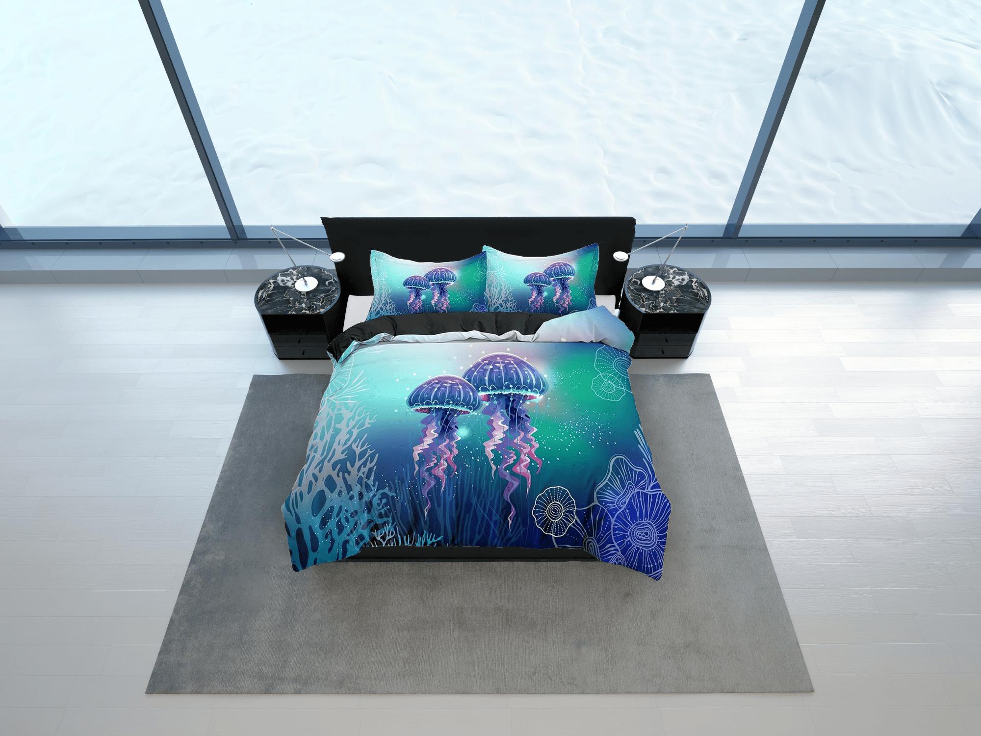 daintyduvet Lover jellyfish bedding blue green duvet cover, ocean blush sea animal bedding set full king queen twin crib toddler, college dorm bedding