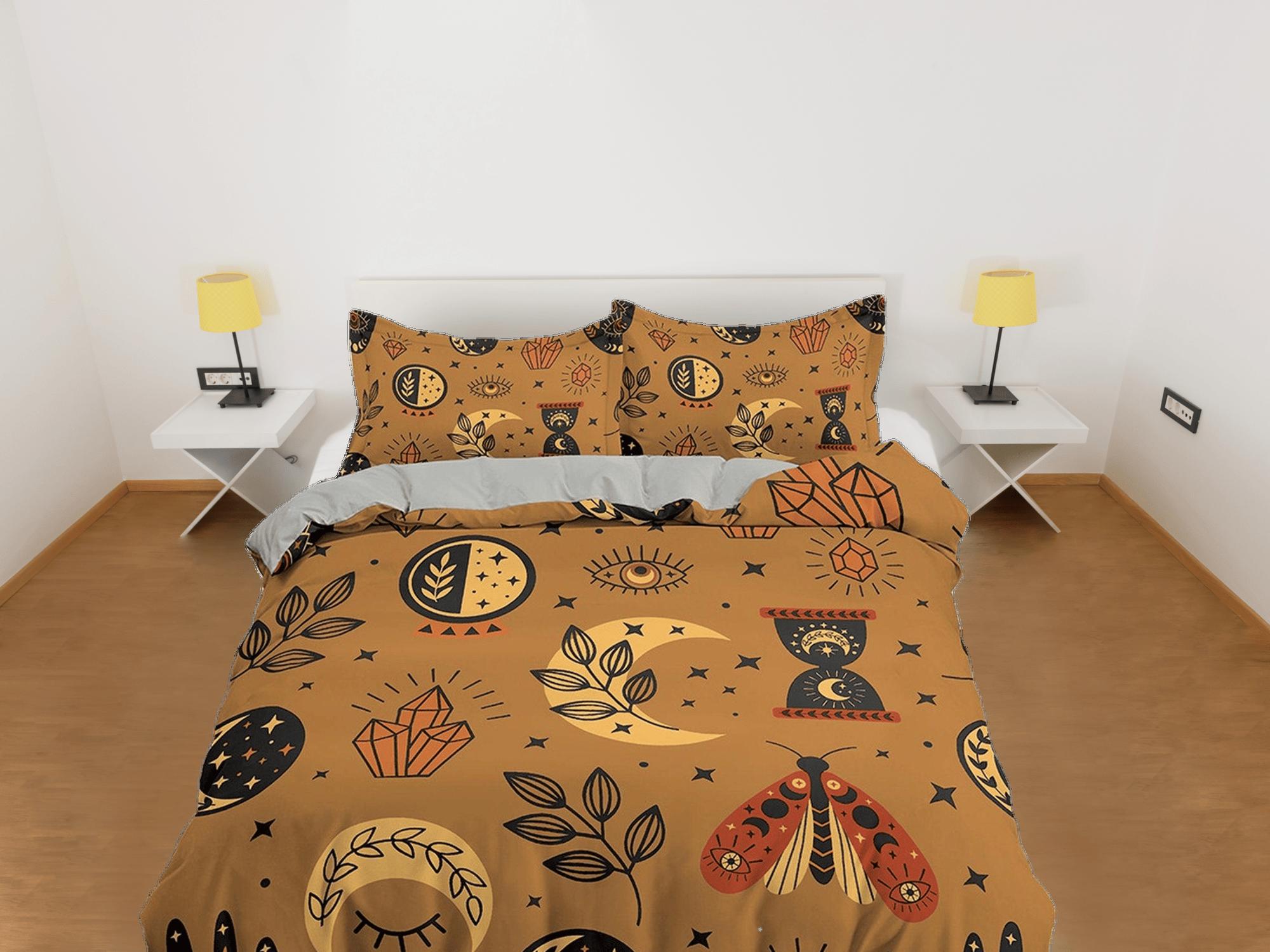 daintyduvet Luna Moth Astrology Boho Brown Bedding, Zodiac Celestial Dorm Bedding, Duvet Cover Set, Aesthetic Duvet Cover King Queen Full Twin Single