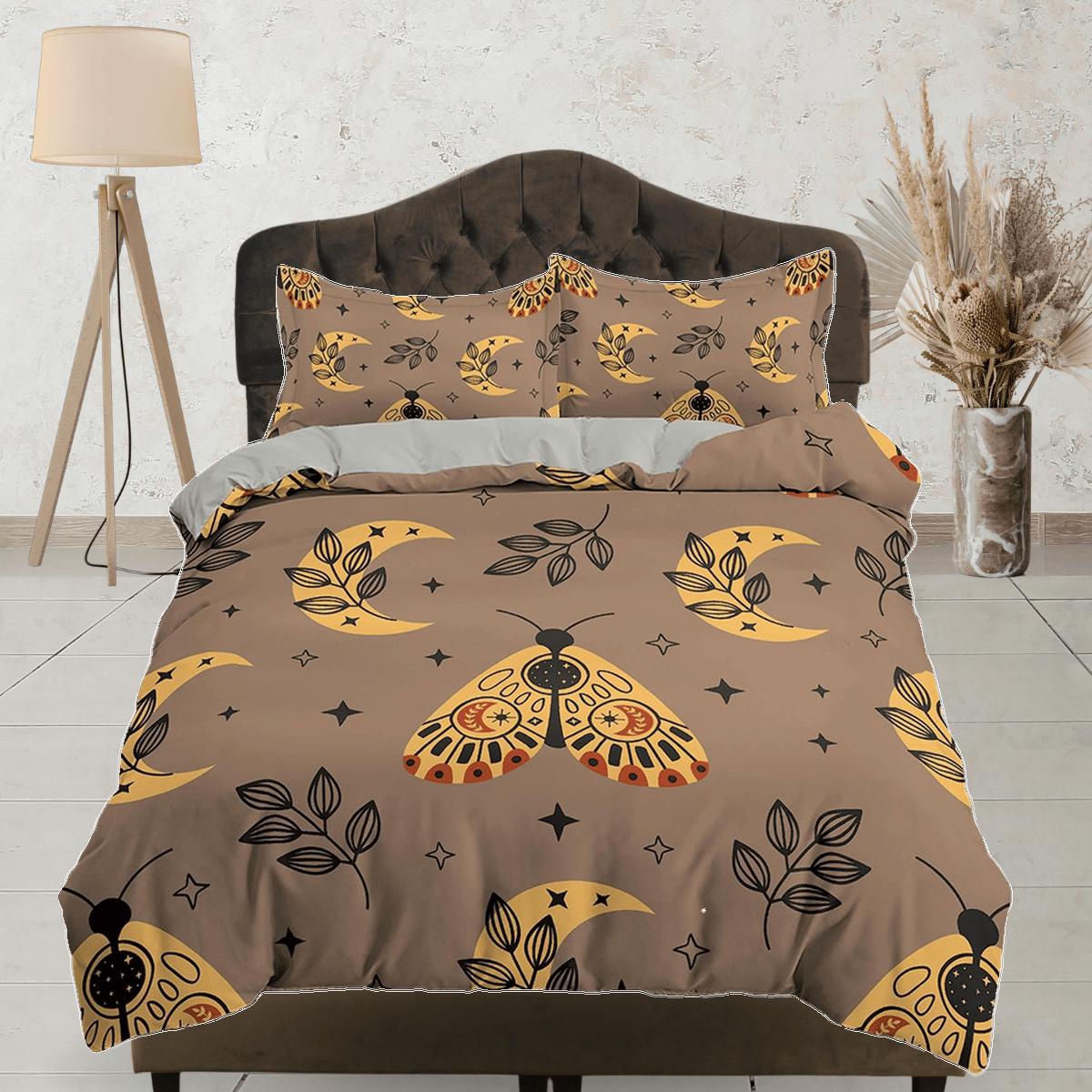 daintyduvet Luna Moth Nordic Bedding, Crescent Moon and Stars, Bohemian Dorm Bedding, Duvet Cover Set, Aesthetic Duvet King Queen Full Twin Single