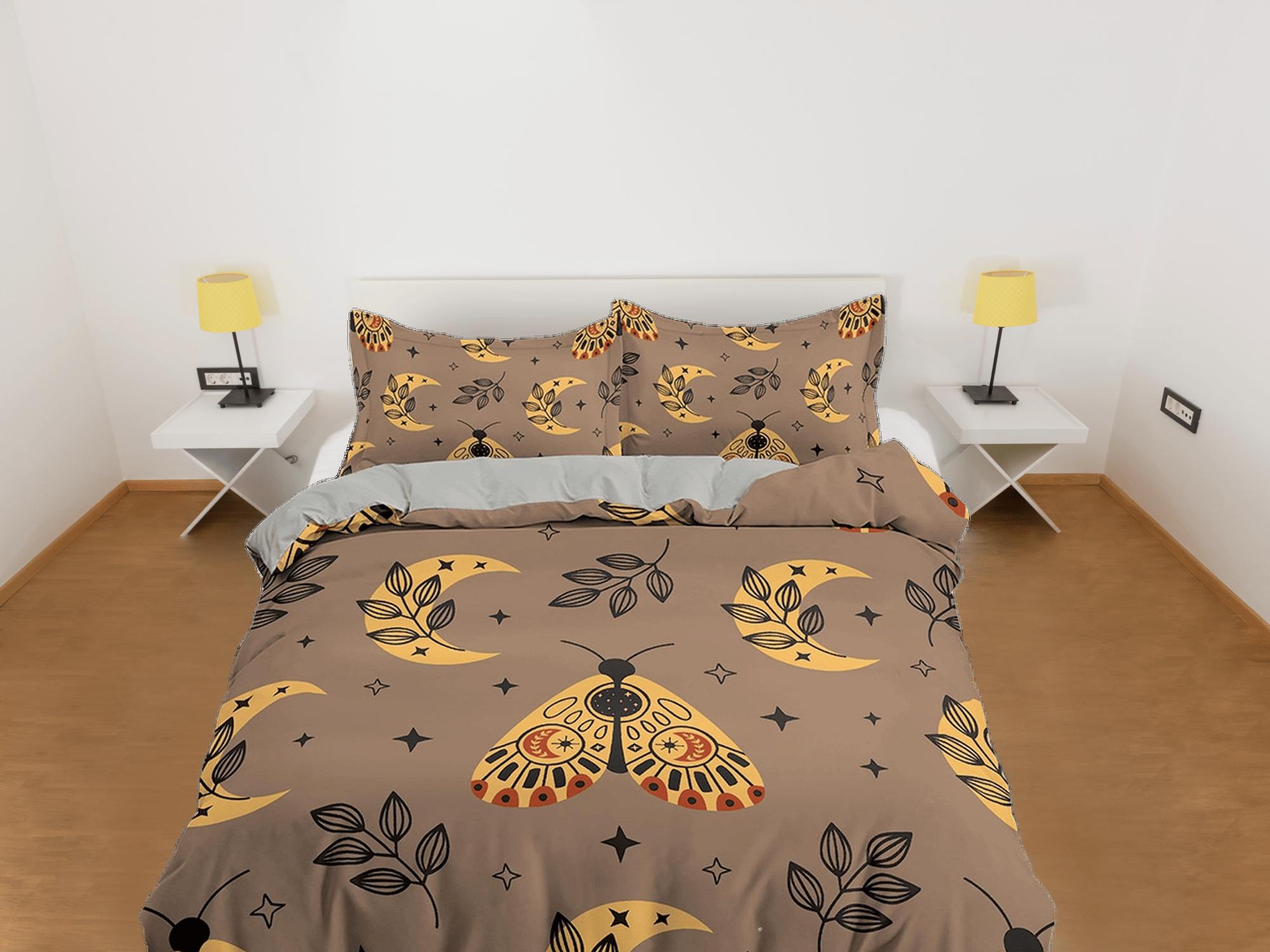 daintyduvet Luna Moth Nordic Bedding, Crescent Moon and Stars, Bohemian Dorm Bedding, Duvet Cover Set, Aesthetic Duvet King Queen Full Twin Single