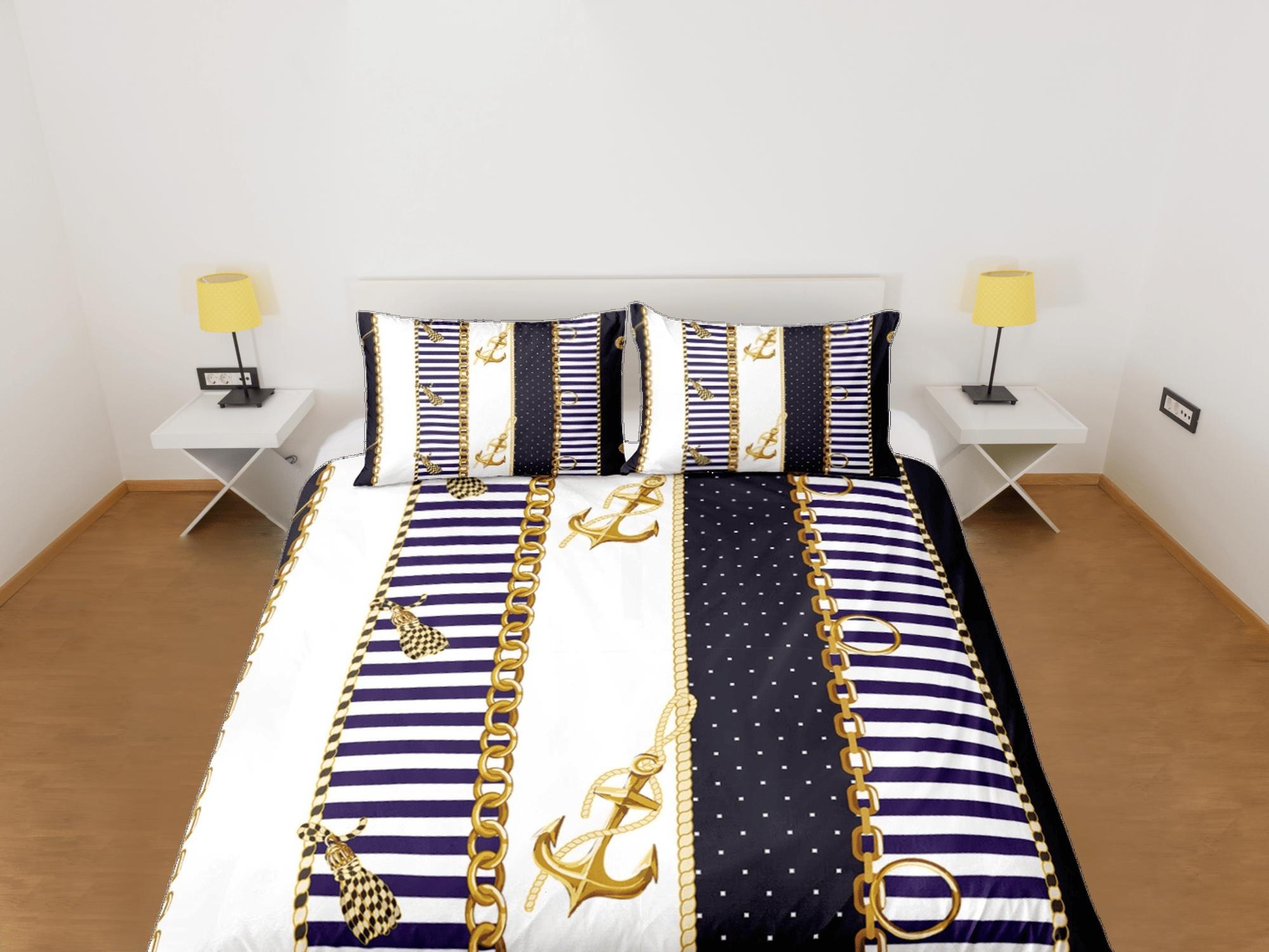 daintyduvet Luxury gold chains anchor nautical duvet cover coastal grandma bedding set full queen king, aesthetic beach room decor, seaman captain gift