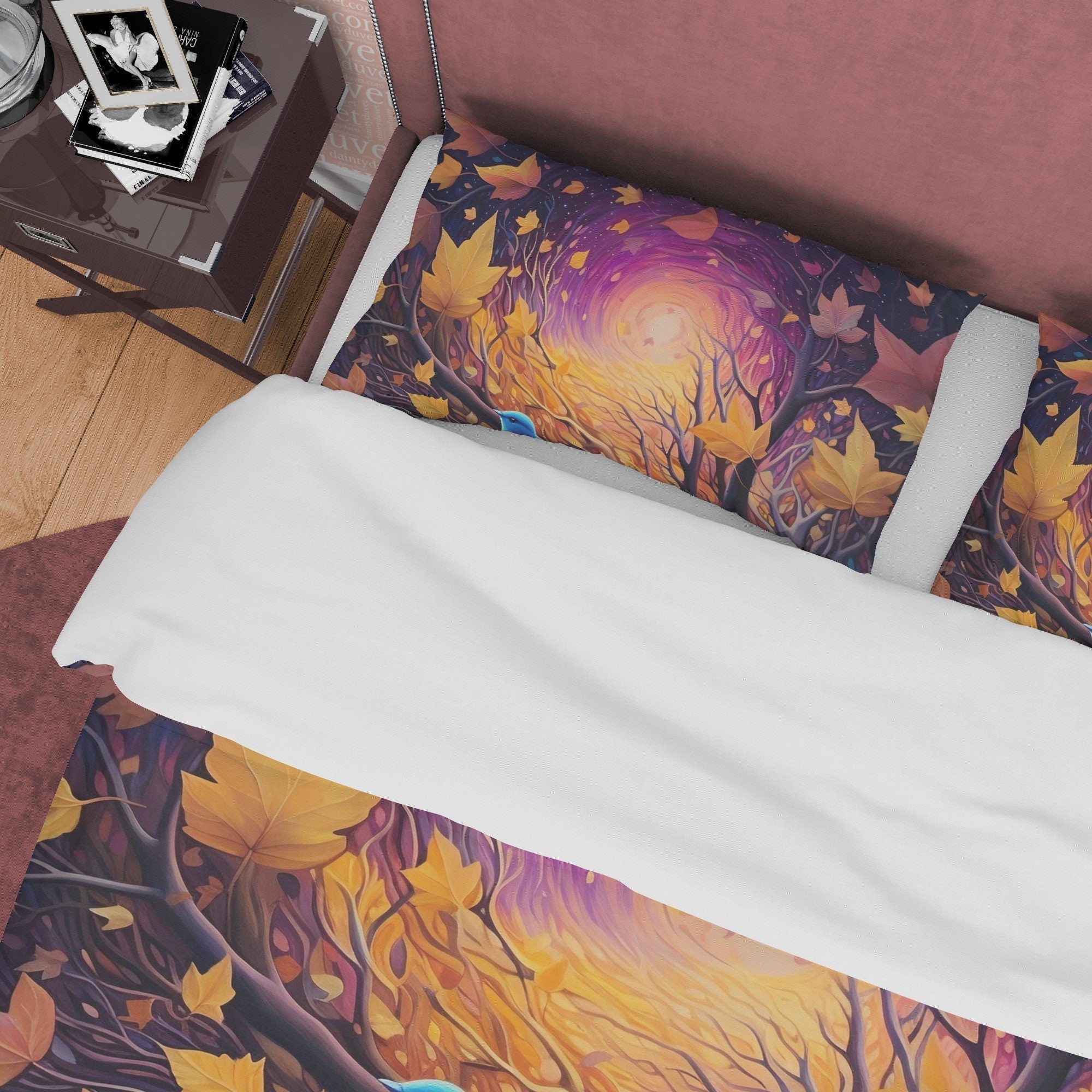 Magical Fall Duvet Cover Blue Bird Autumn Bedding Set, Warm Autumn Colors Printed Quilt Cover, Foliage Bedspread