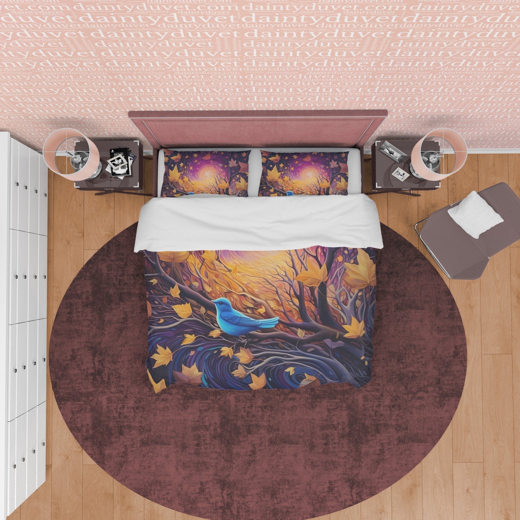 Magical Fall Duvet Cover Blue Bird Autumn Bedding Set, Warm Autumn Colors Printed Quilt Cover, Foliage Bedspread