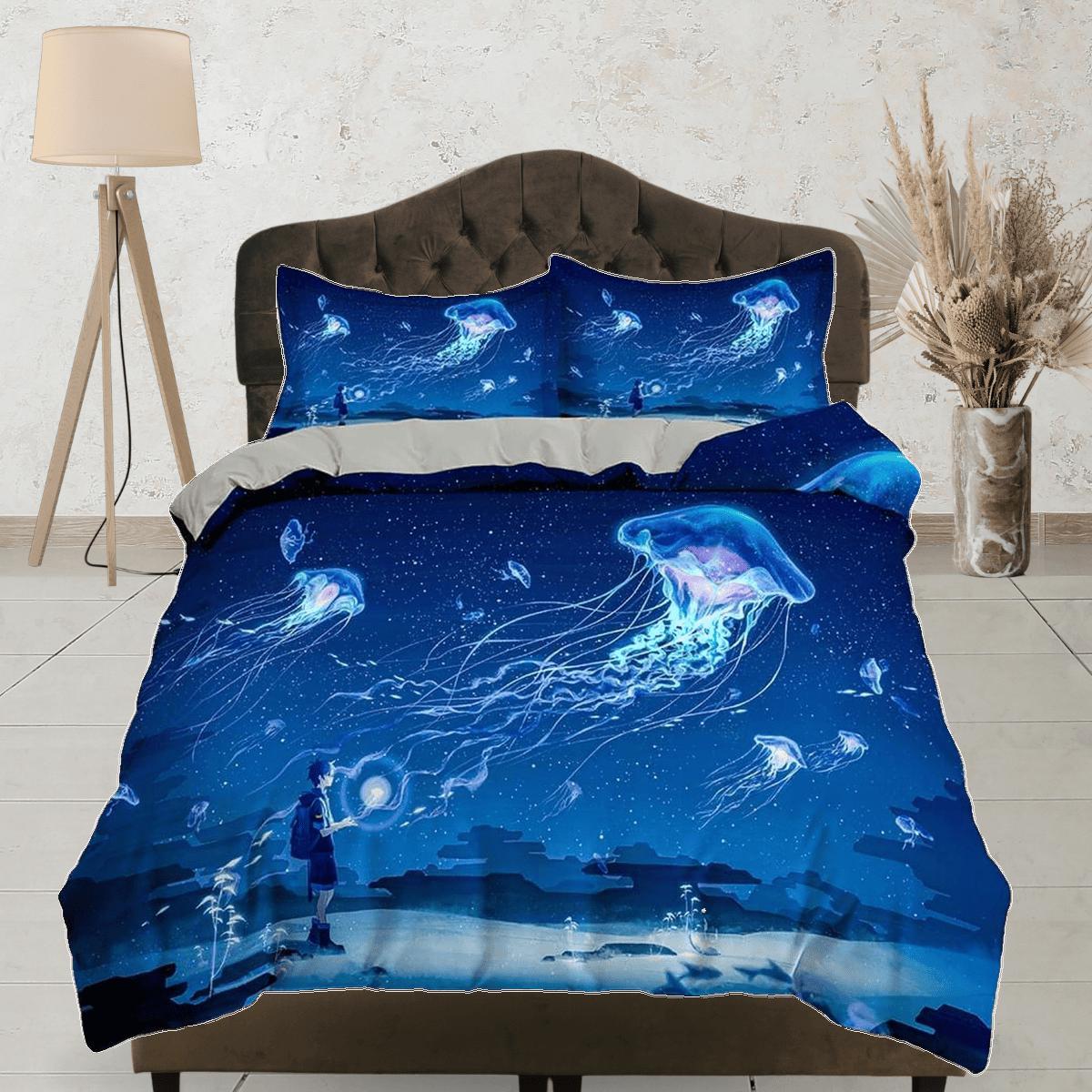 Magical jellyfish bedding blue duvet cover, ocean blush sea animal bed