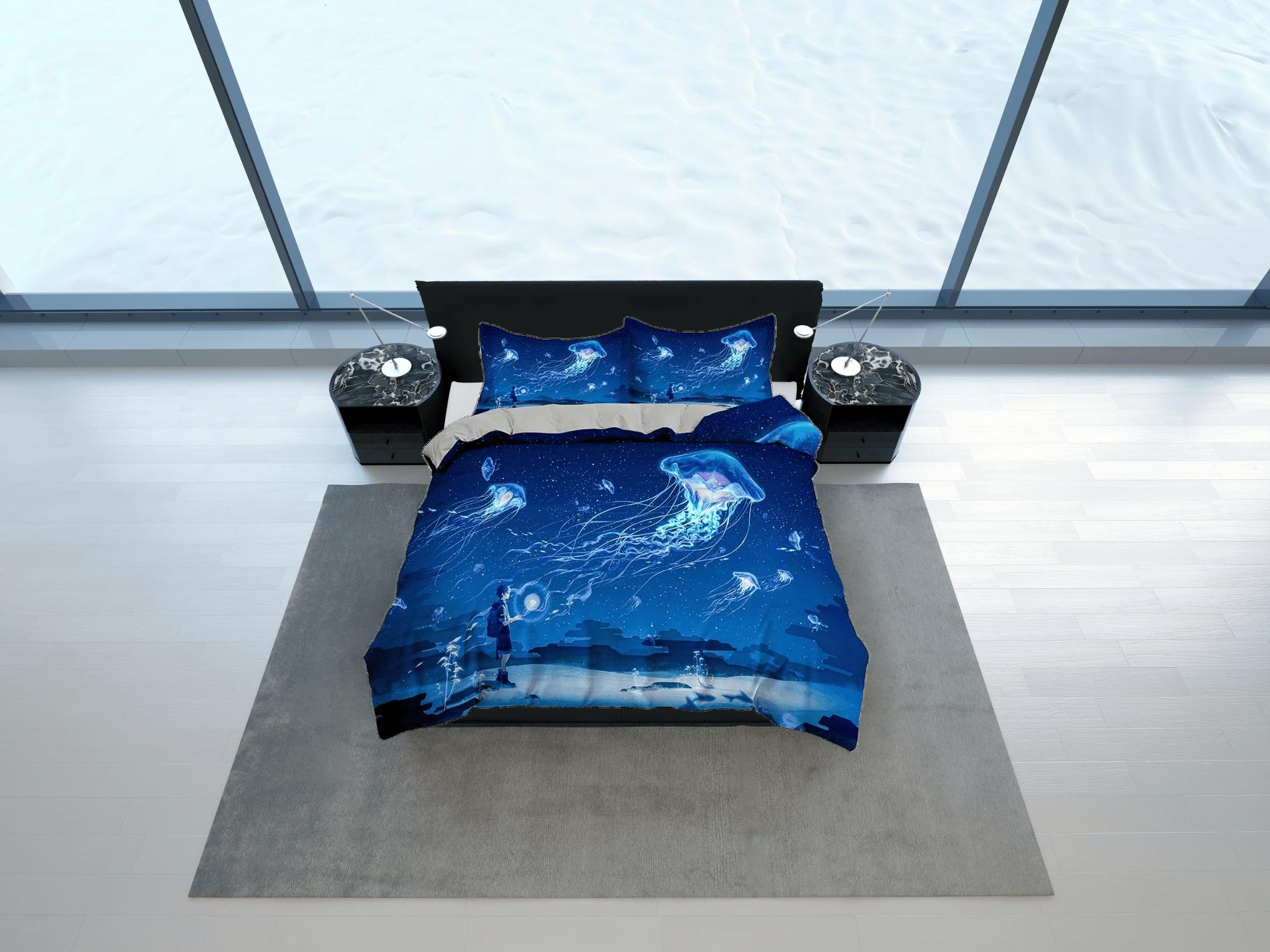 daintyduvet Magical jellyfish bedding blue duvet cover, ocean blush sea animal bedding set full king queen twin crib toddler, college dorm bedding gift