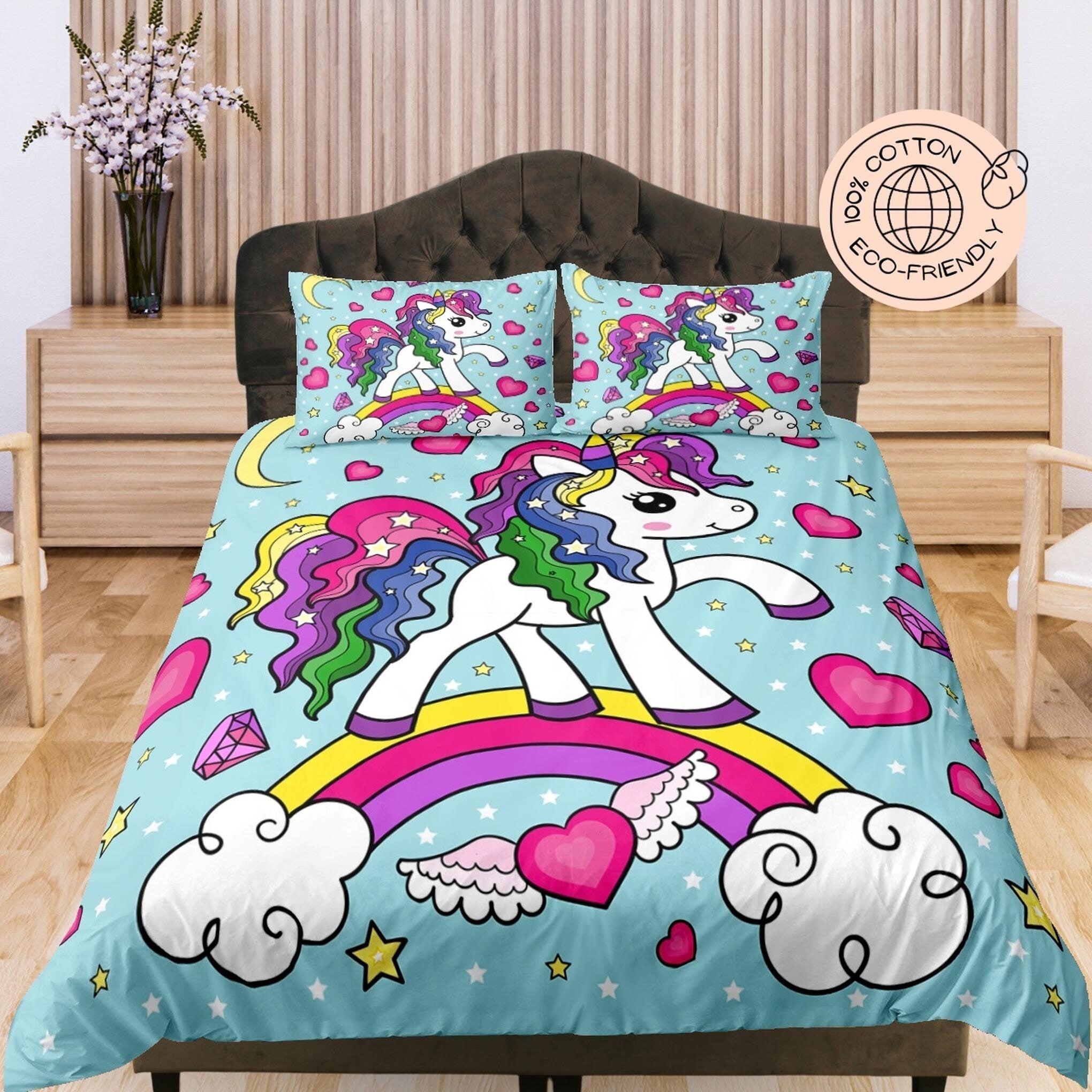 daintyduvet Magical Unicorn Rainbow Cotton Duvet Cover Set for Kids, Colorful Toddler Bedding, Baby Zipper Bedding, Nursery Cotton Bedding, Crib Blanket