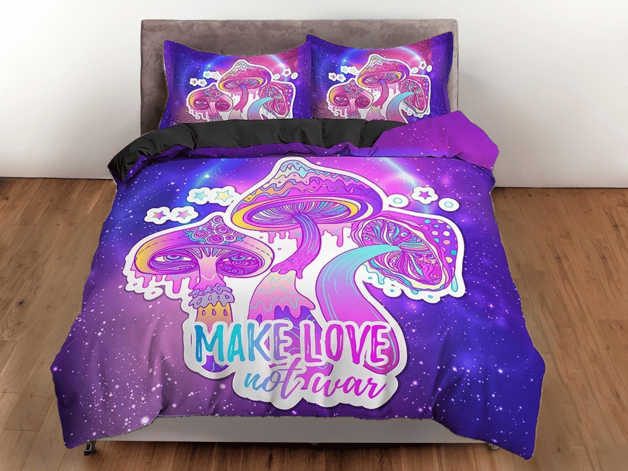 daintyduvet Make love not war psychedelic mushroom duvet cover hippie bedding set full, preppy dorm bedding, indie room decor, aesthetic bedspread y2k