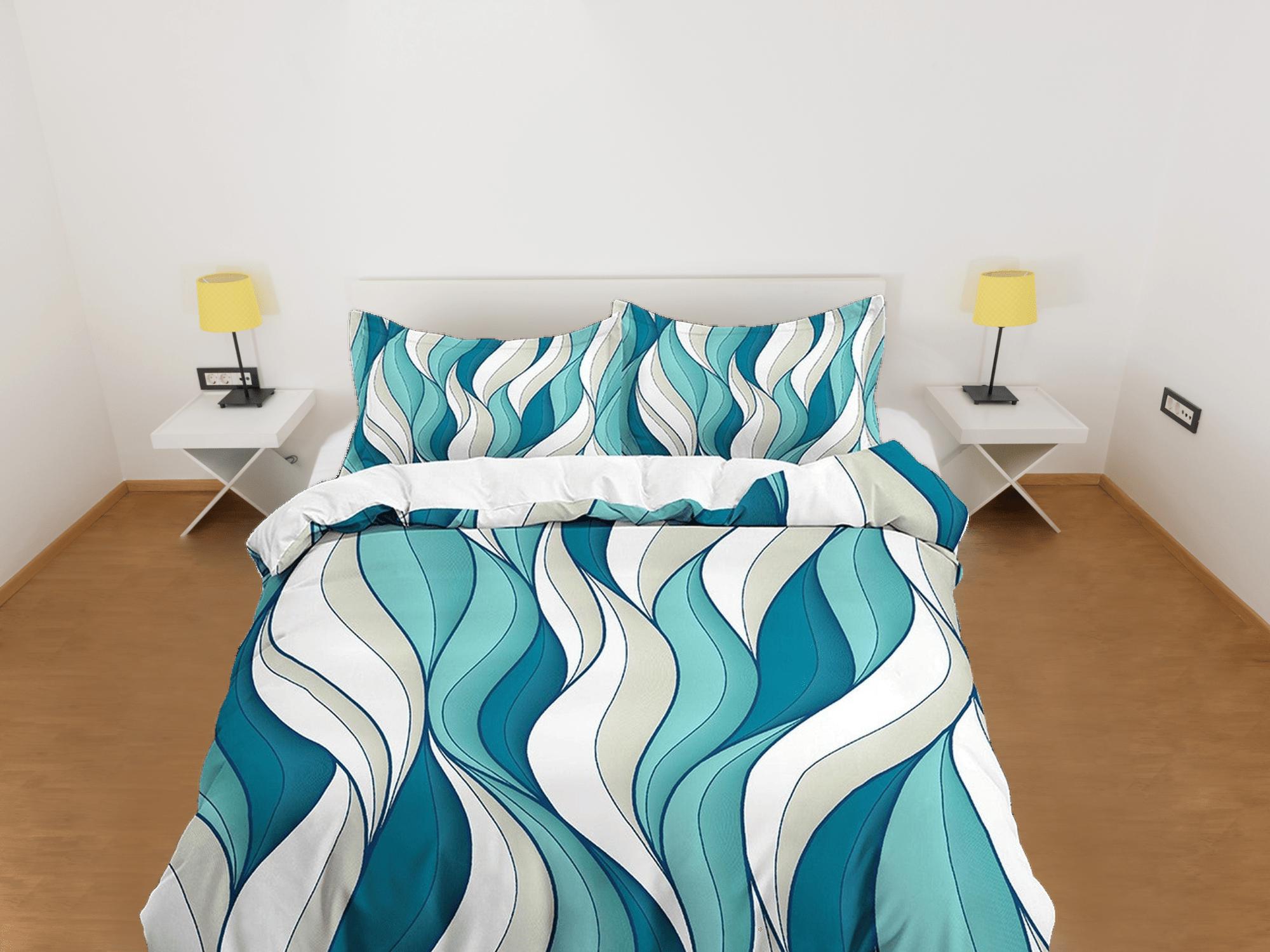 daintyduvet Mid century modern bedroom art set aquamarine duvet cover, aesthetic room decor boho chic bedding set full, colorful maximalist retro