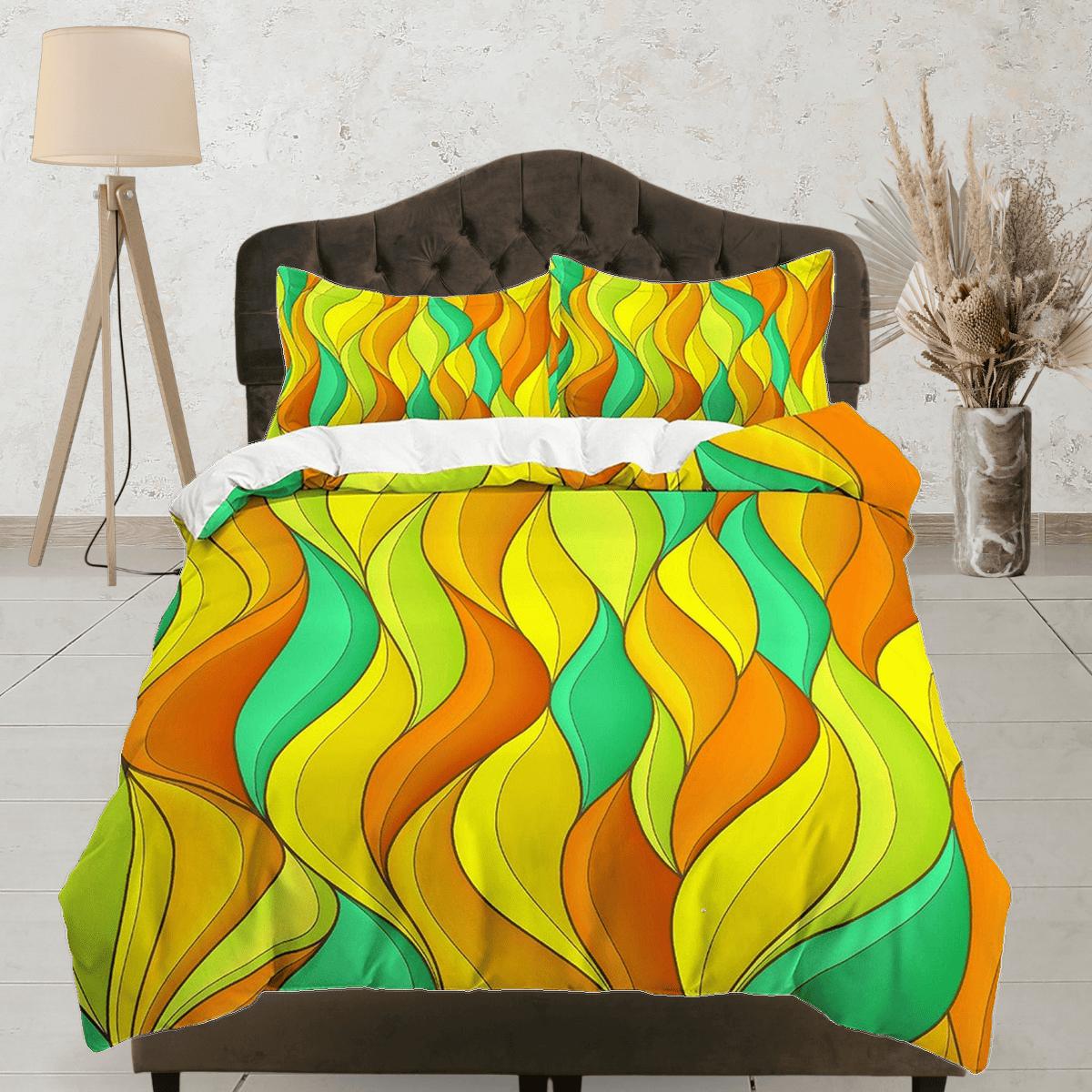 daintyduvet Mid century modern bedroom art set green yellow orange duvet cover, aesthetic room decor boho chic bedding set full, maximalist decor retro