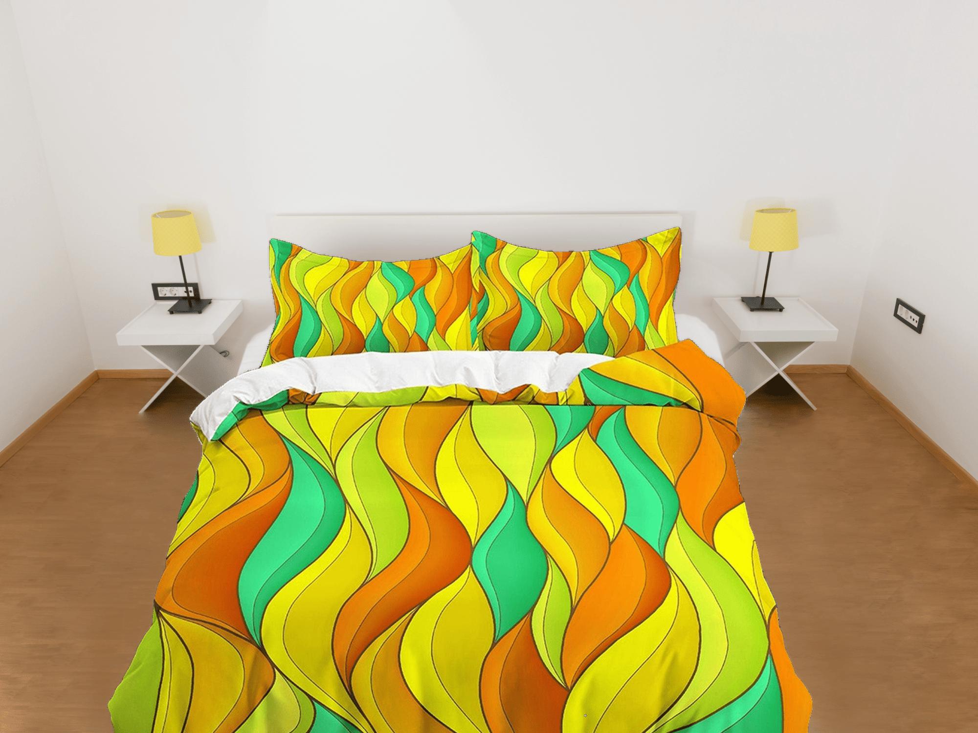 daintyduvet Mid century modern bedroom art set green yellow orange duvet cover, aesthetic room decor boho chic bedding set full, maximalist decor retro