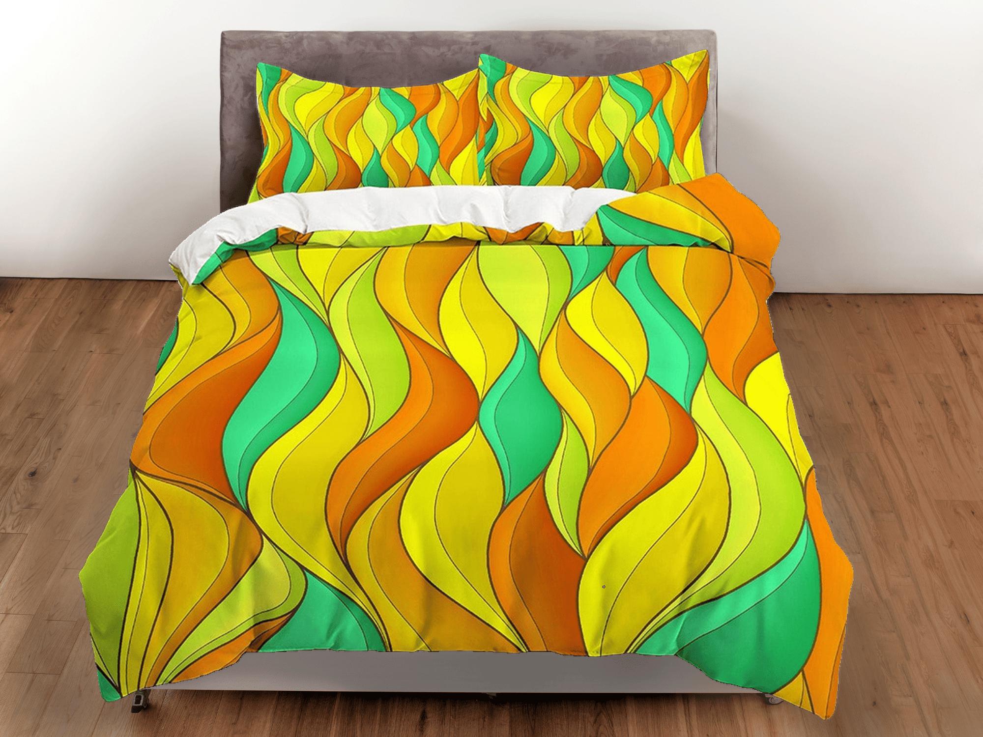 daintyduvet Mid century modern bedroom art set green yellow orange duvet cover, aesthetic room decor boho chic bedding set full, maximalist decor retro