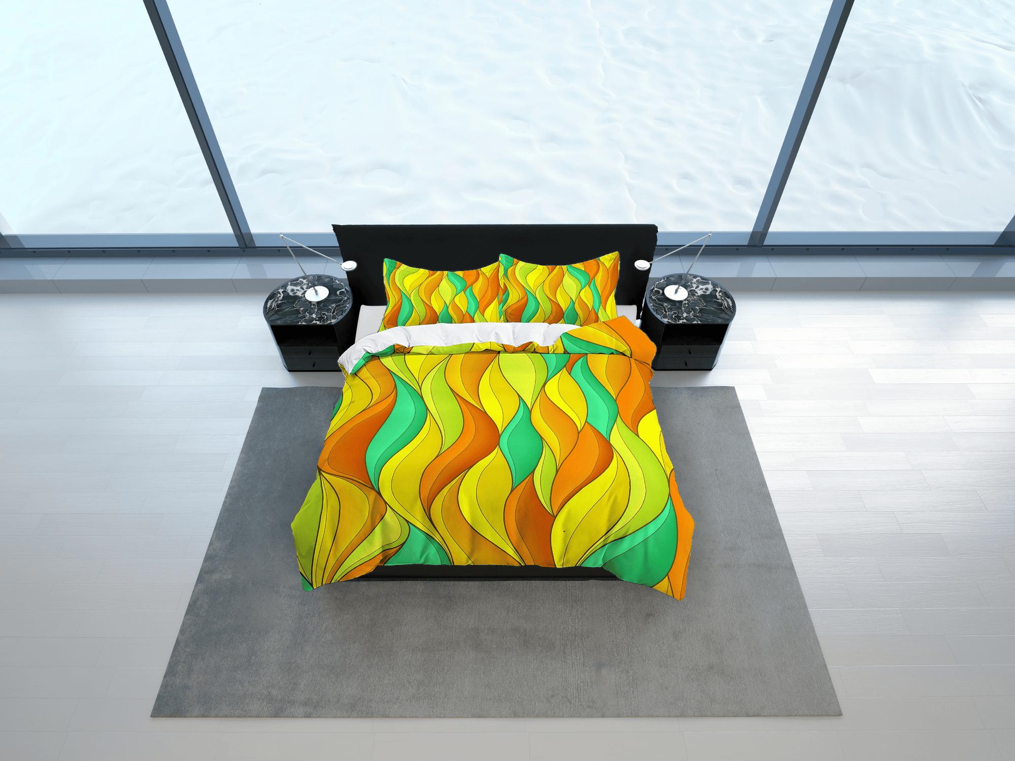 daintyduvet Mid century modern bedroom art set green yellow orange duvet cover, aesthetic room decor boho chic bedding set full, maximalist decor retro
