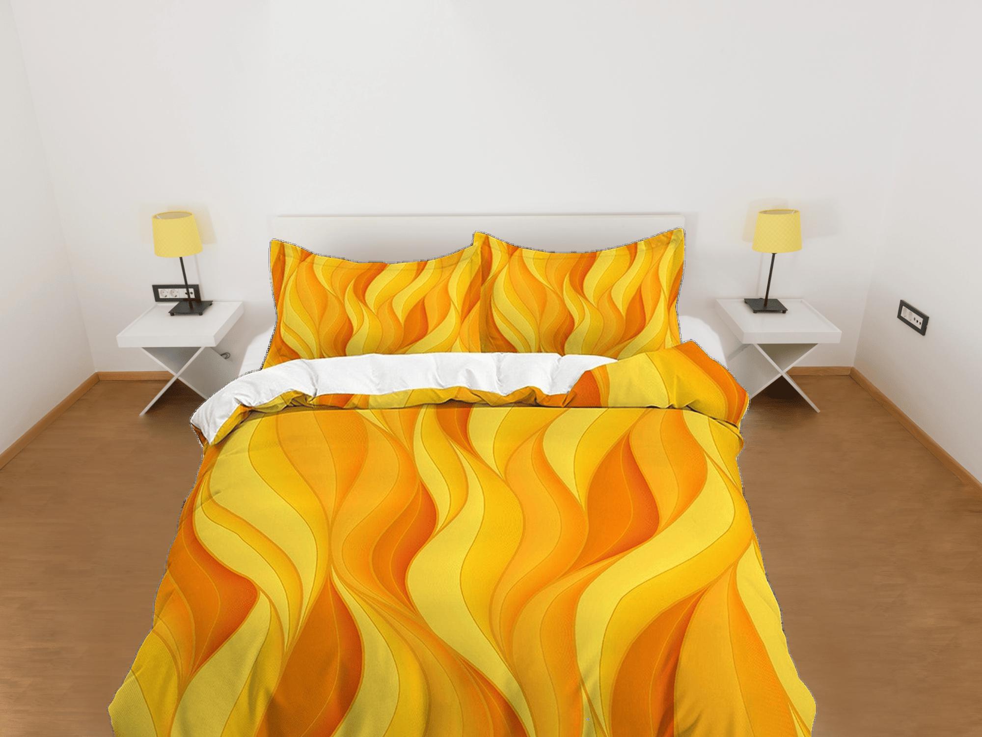 daintyduvet Mid century modern bedroom art set orange yellow duvet cover, aesthetic room decor boho chic bedding set full, colorful maximalist retro