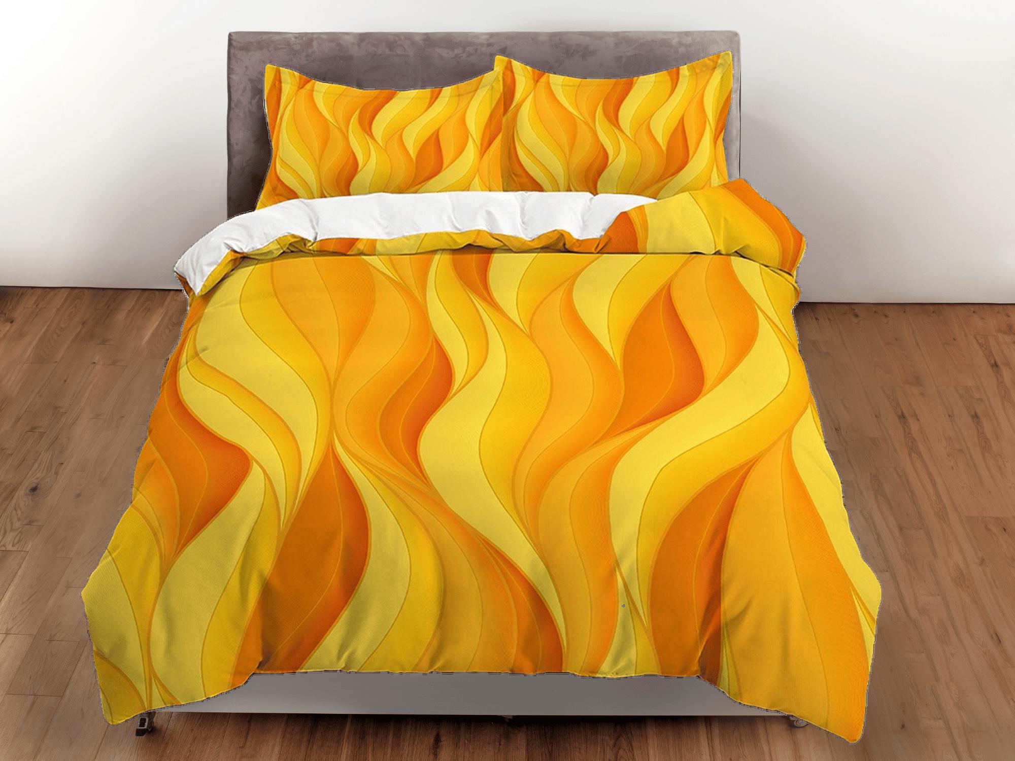 daintyduvet Mid century modern bedroom art set orange yellow duvet cover, aesthetic room decor boho chic bedding set full, colorful maximalist retro