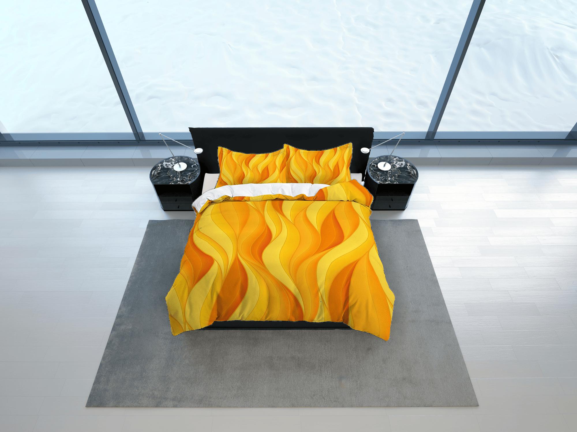 daintyduvet Mid century modern bedroom art set orange yellow duvet cover, aesthetic room decor boho chic bedding set full, colorful maximalist retro