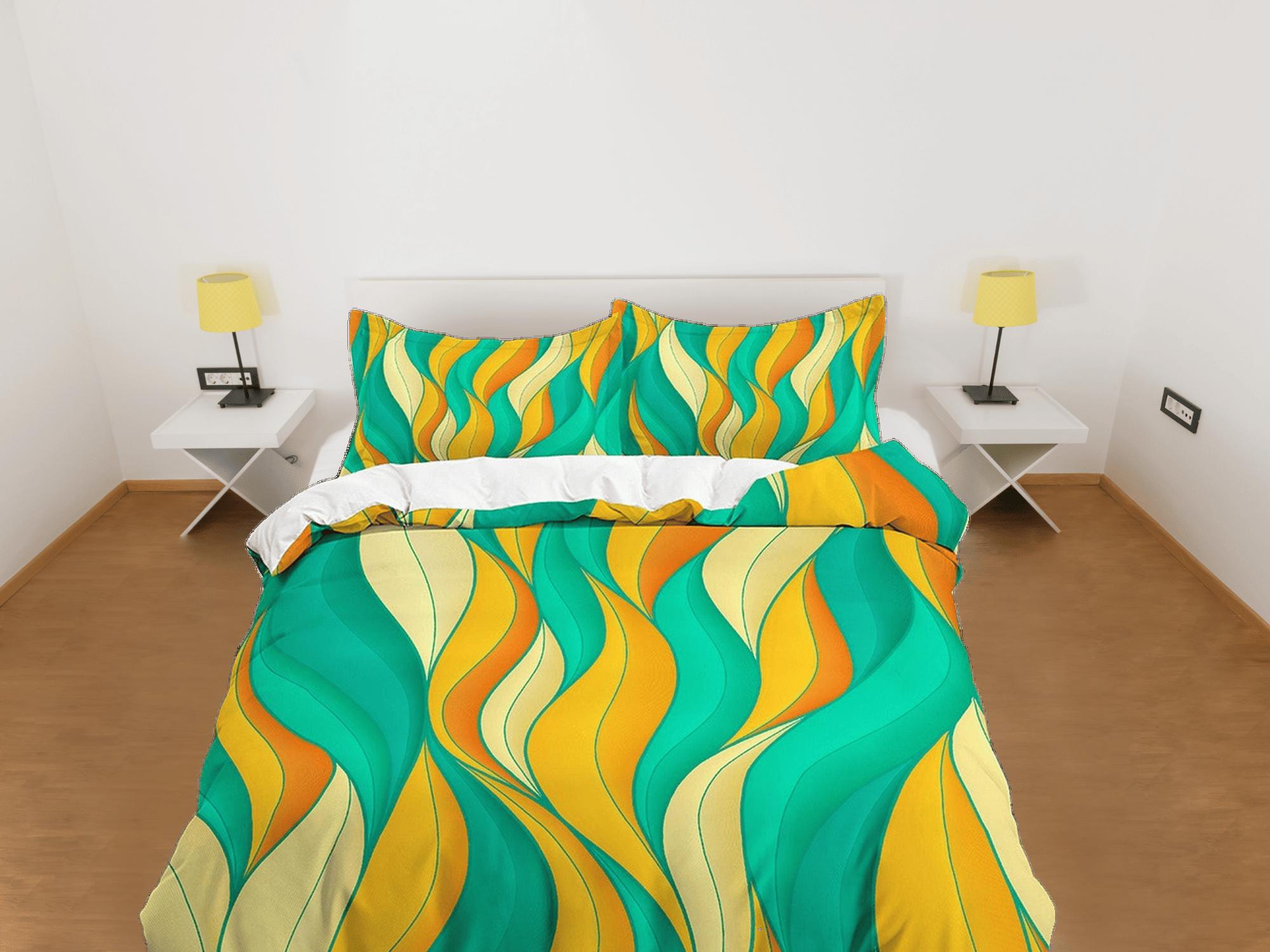 daintyduvet Mid century modern bedroom art set yellow orange green duvet cover, aesthetic room decor boho chic bedding set full king queen, retro duvet