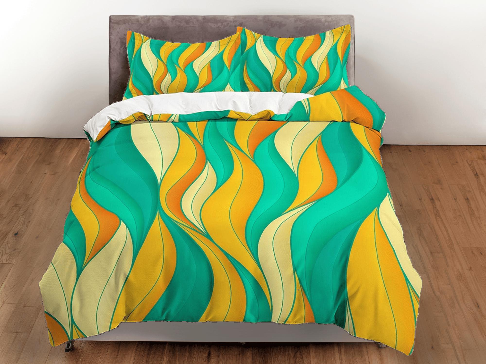 daintyduvet Mid century modern bedroom art set yellow orange green duvet cover, aesthetic room decor boho chic bedding set full king queen, retro duvet