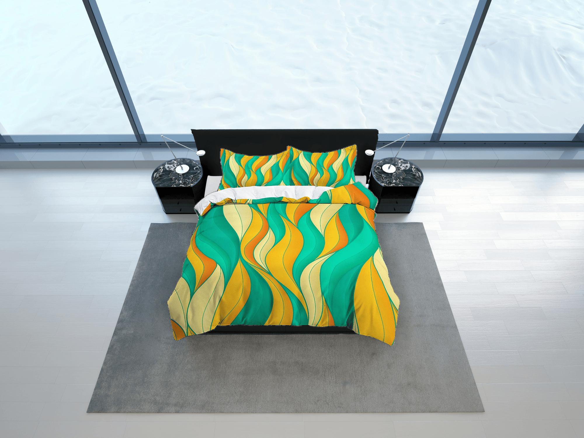 daintyduvet Mid century modern bedroom art set yellow orange green duvet cover, aesthetic room decor boho chic bedding set full king queen, retro duvet