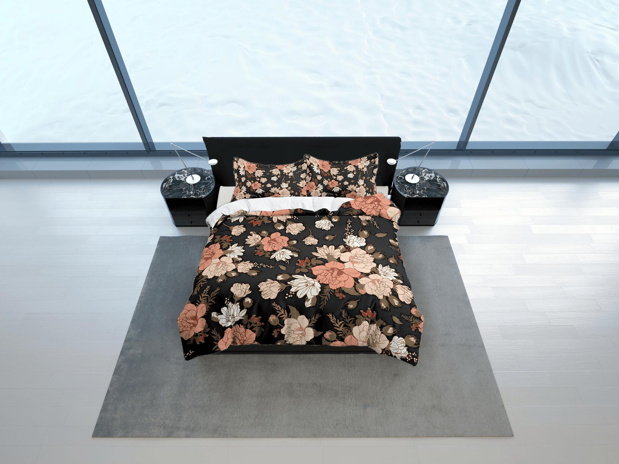 daintyduvet Mid century modern black floral duvet cover queen, king, boho duvet, designer bedding, aesthetic bedding, maximalist full size bedding